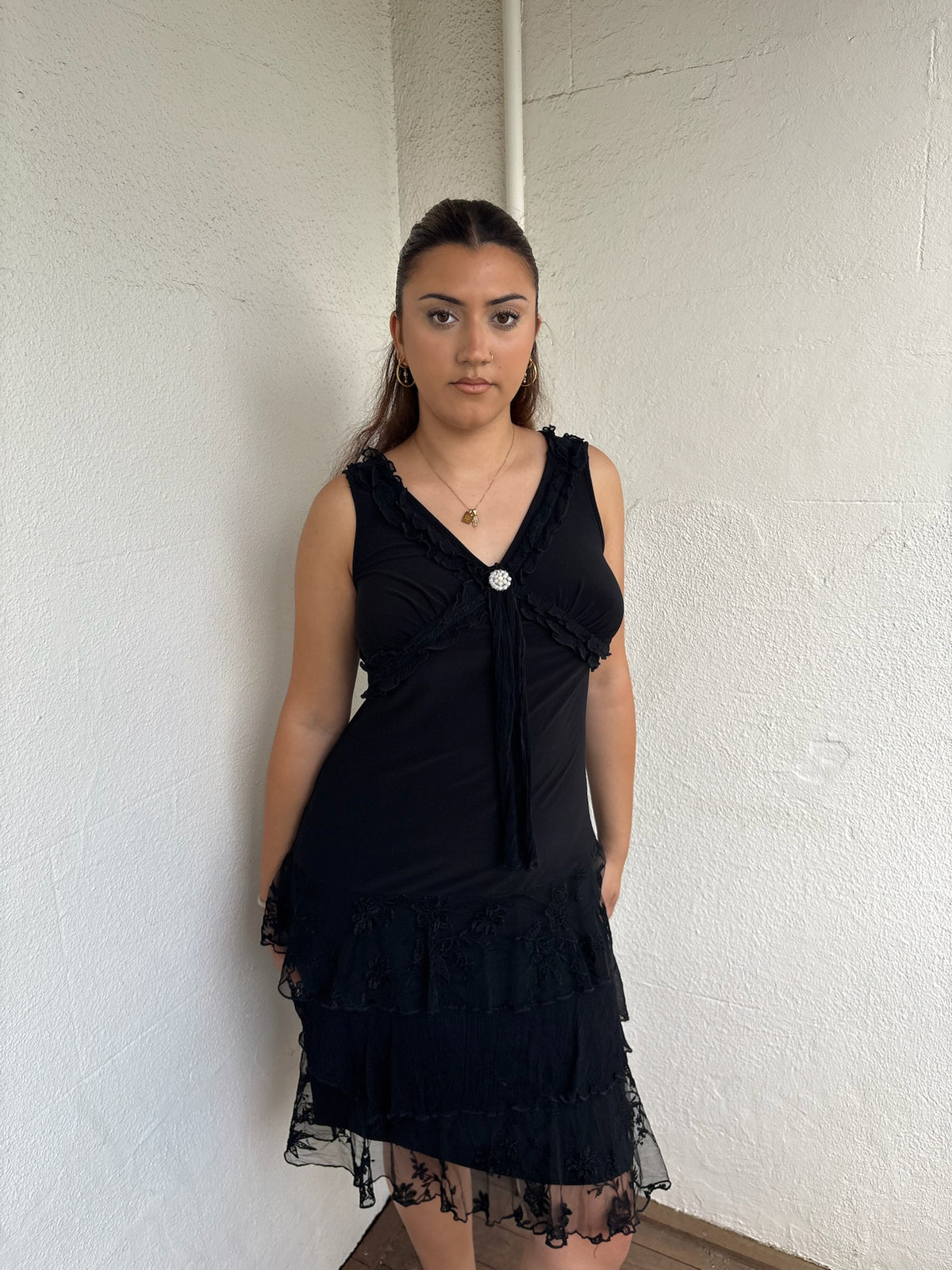 Black Lace Ruffle Mini Dress - Size M