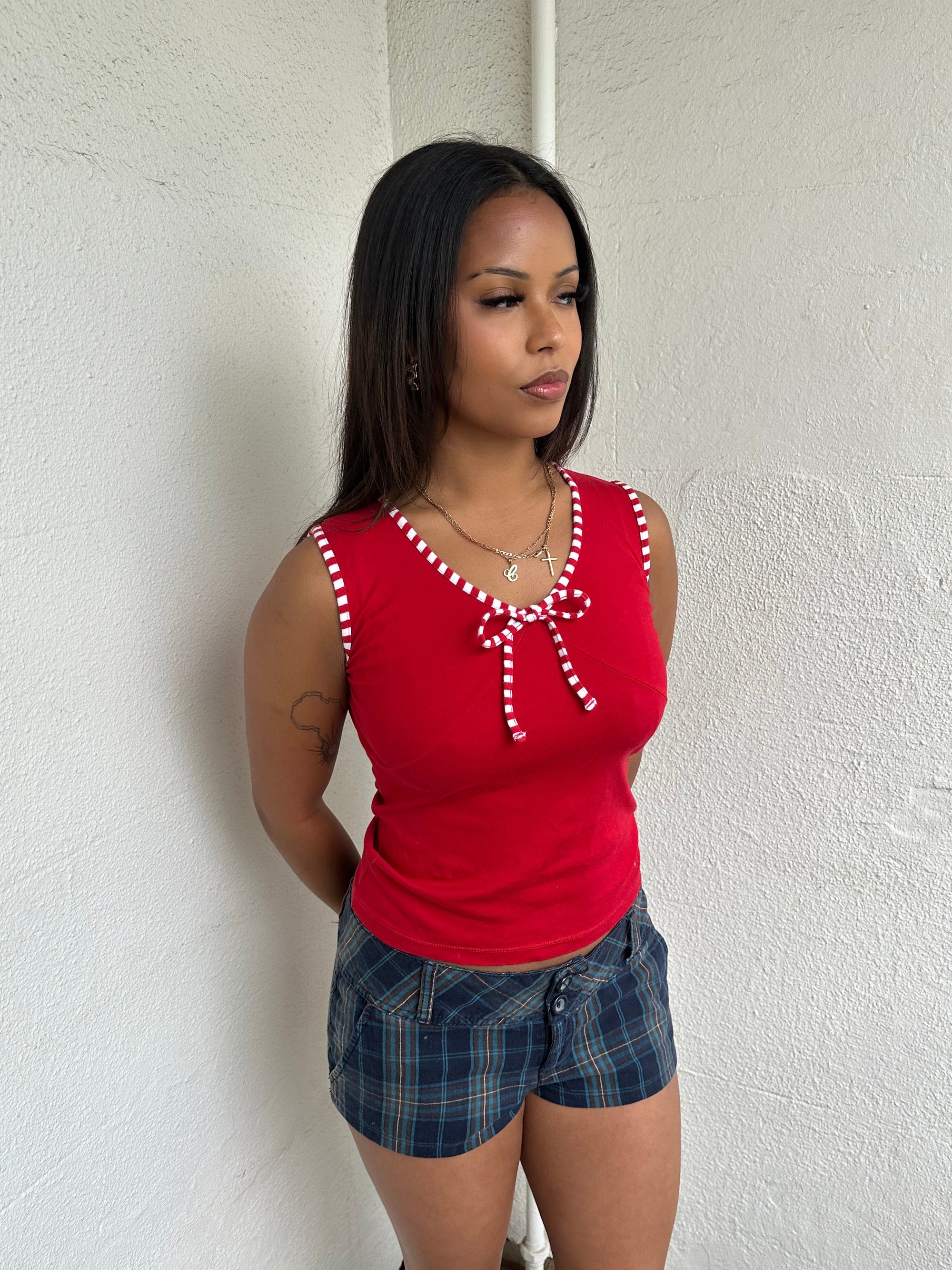 Red & White Stripe Trimmed Tank Top