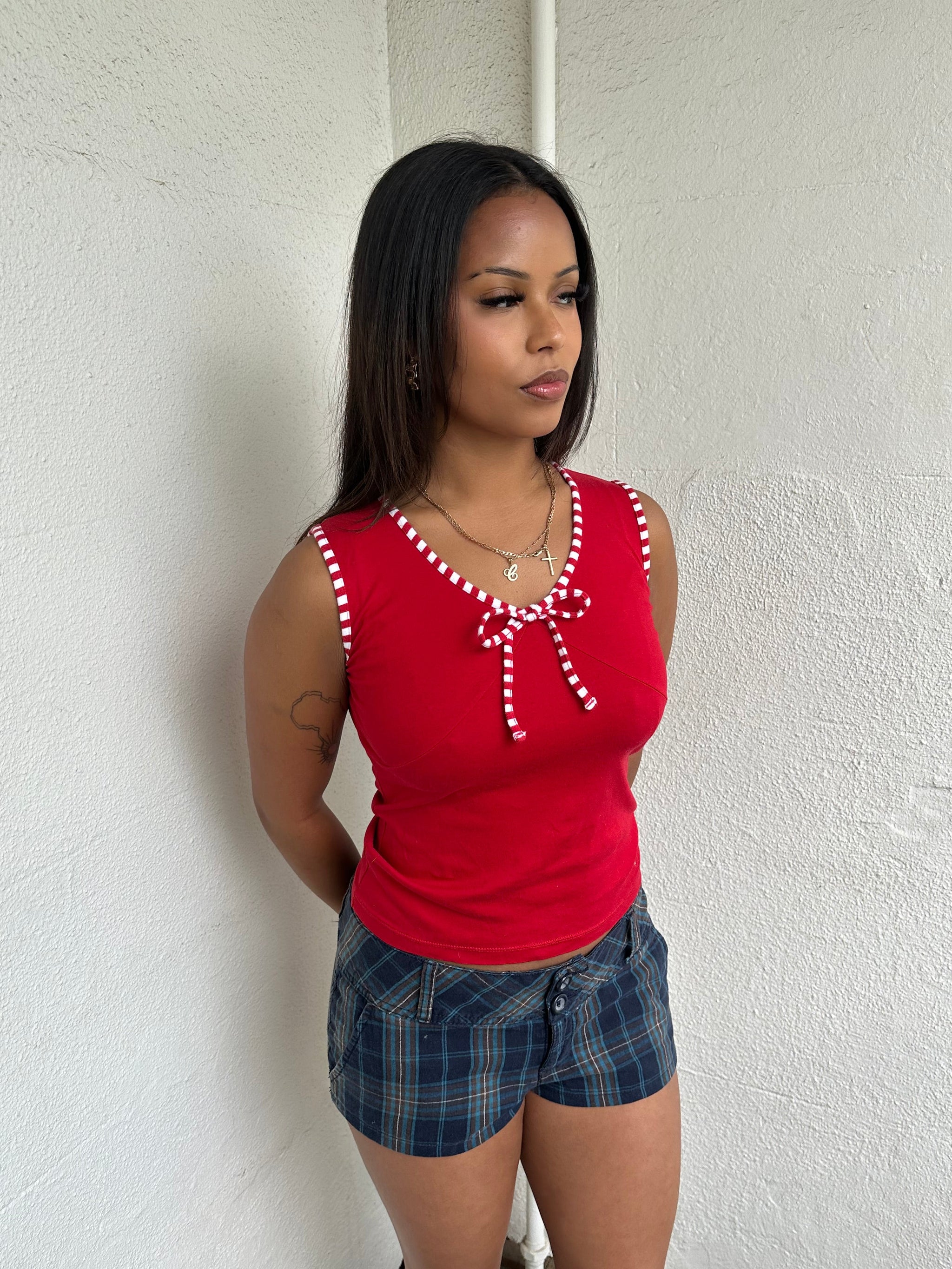 Red & White Stripe Trimmed Tank Top