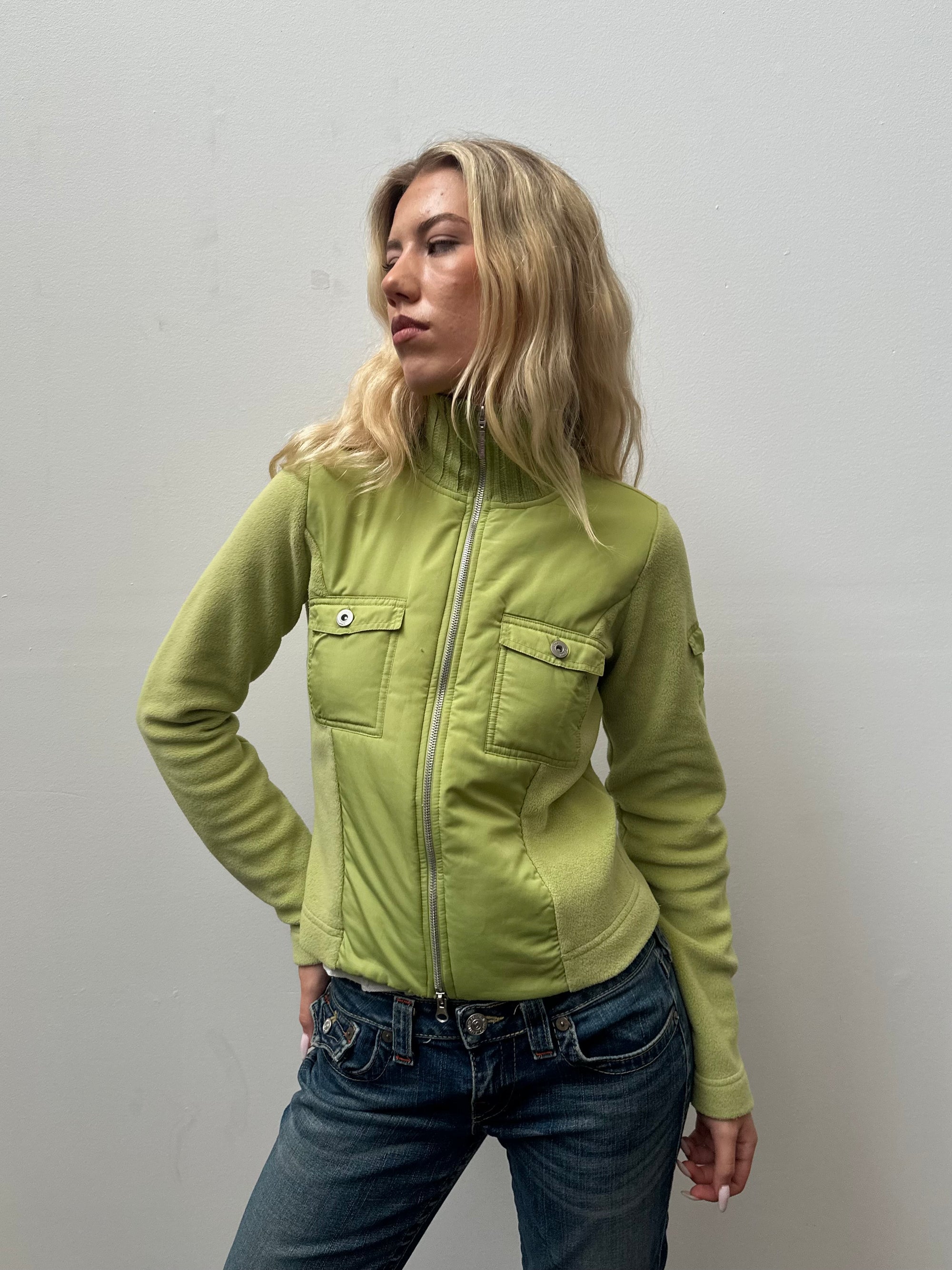 Lime Green Double Zip Fleece Jacket - Size S