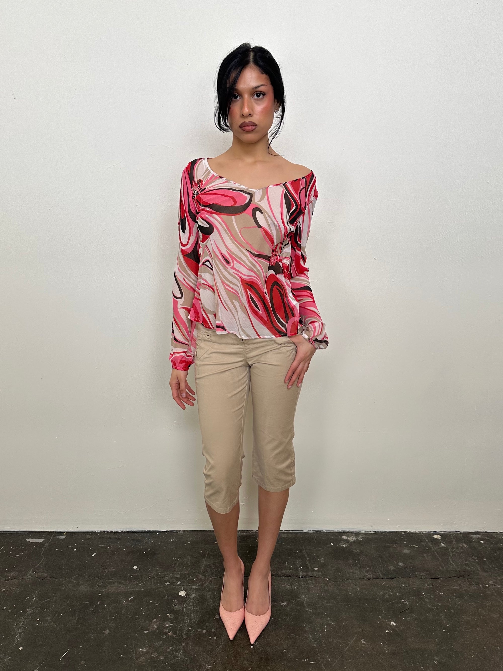 Pink Abstract Swirl Pattern Sheer Blouse - Size 14