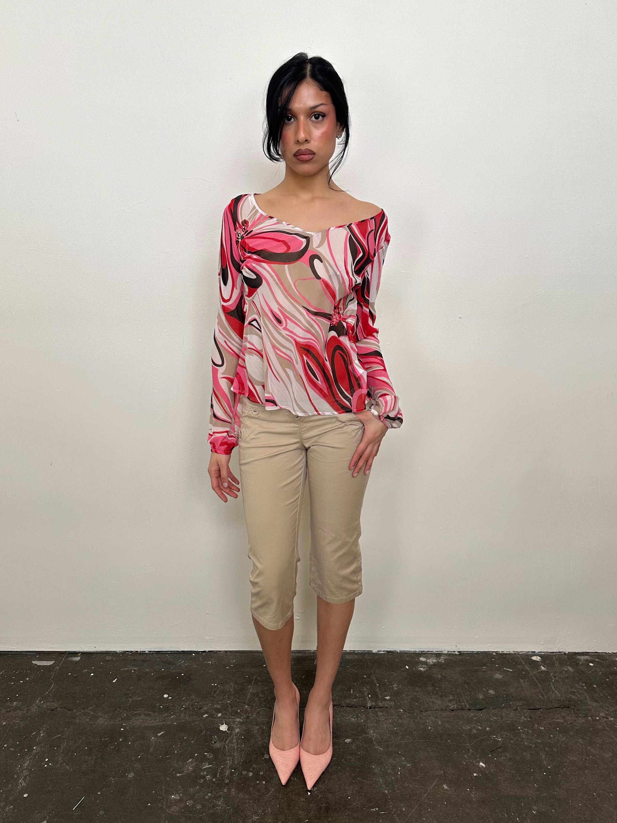 Pink Abstract Swirl Pattern Sheer Blouse - Size 14