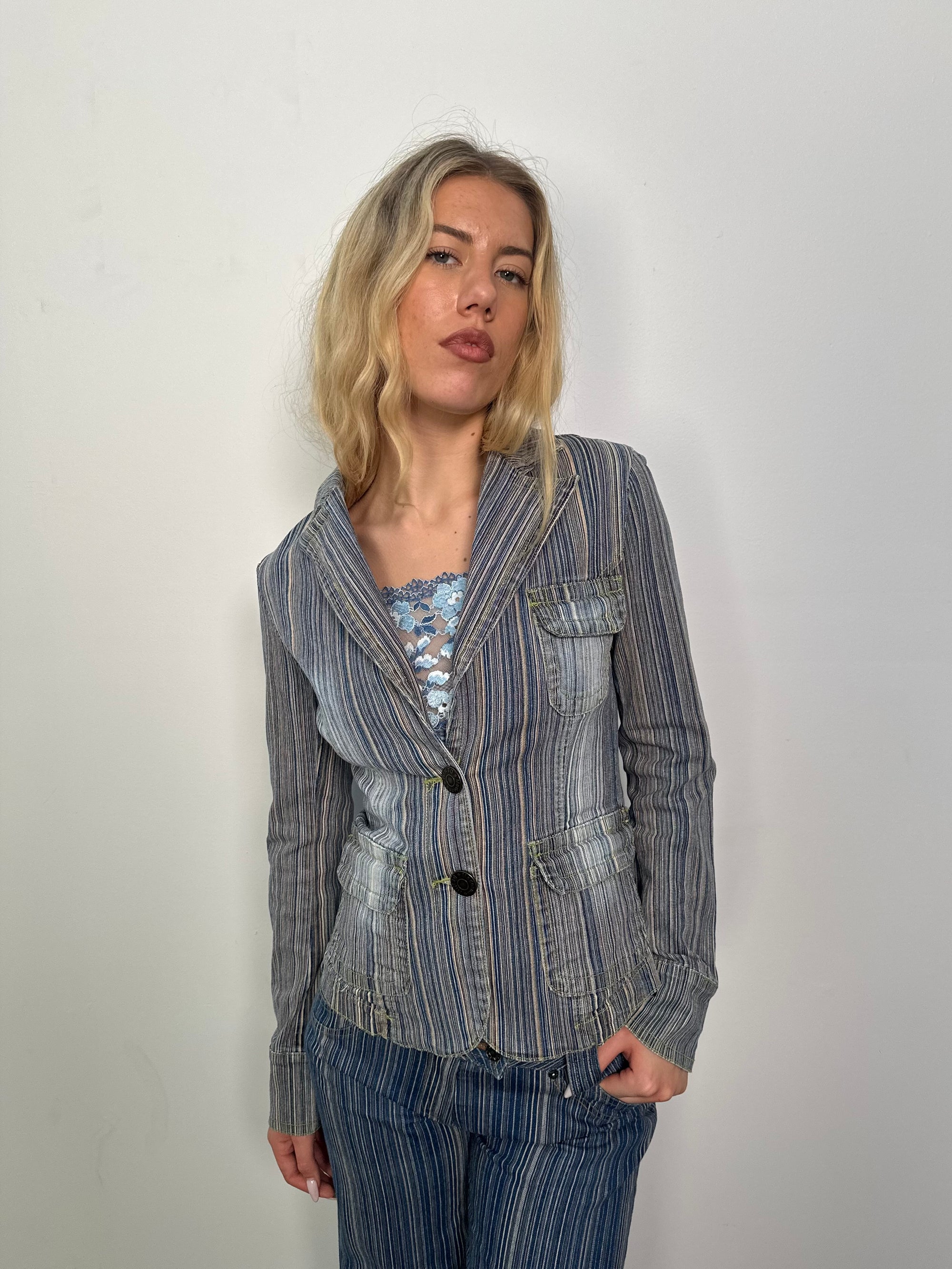Blue Fine Stripe Denim Blazer - Size S