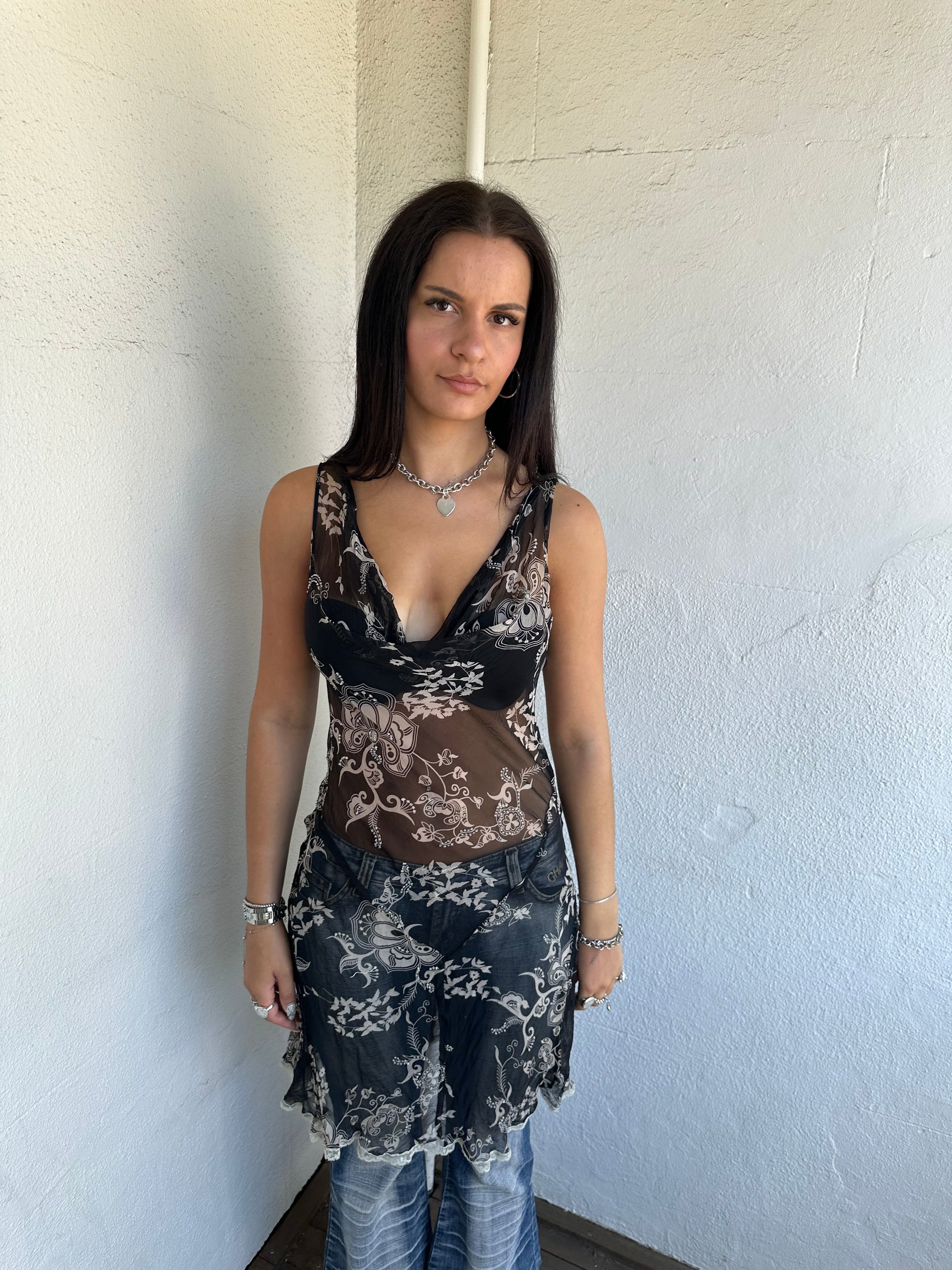 Black & Cream Patterned Sheer Dress - Size M