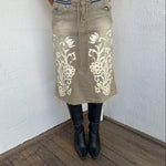 Khaki Floral Printed Denim Midi Skirt