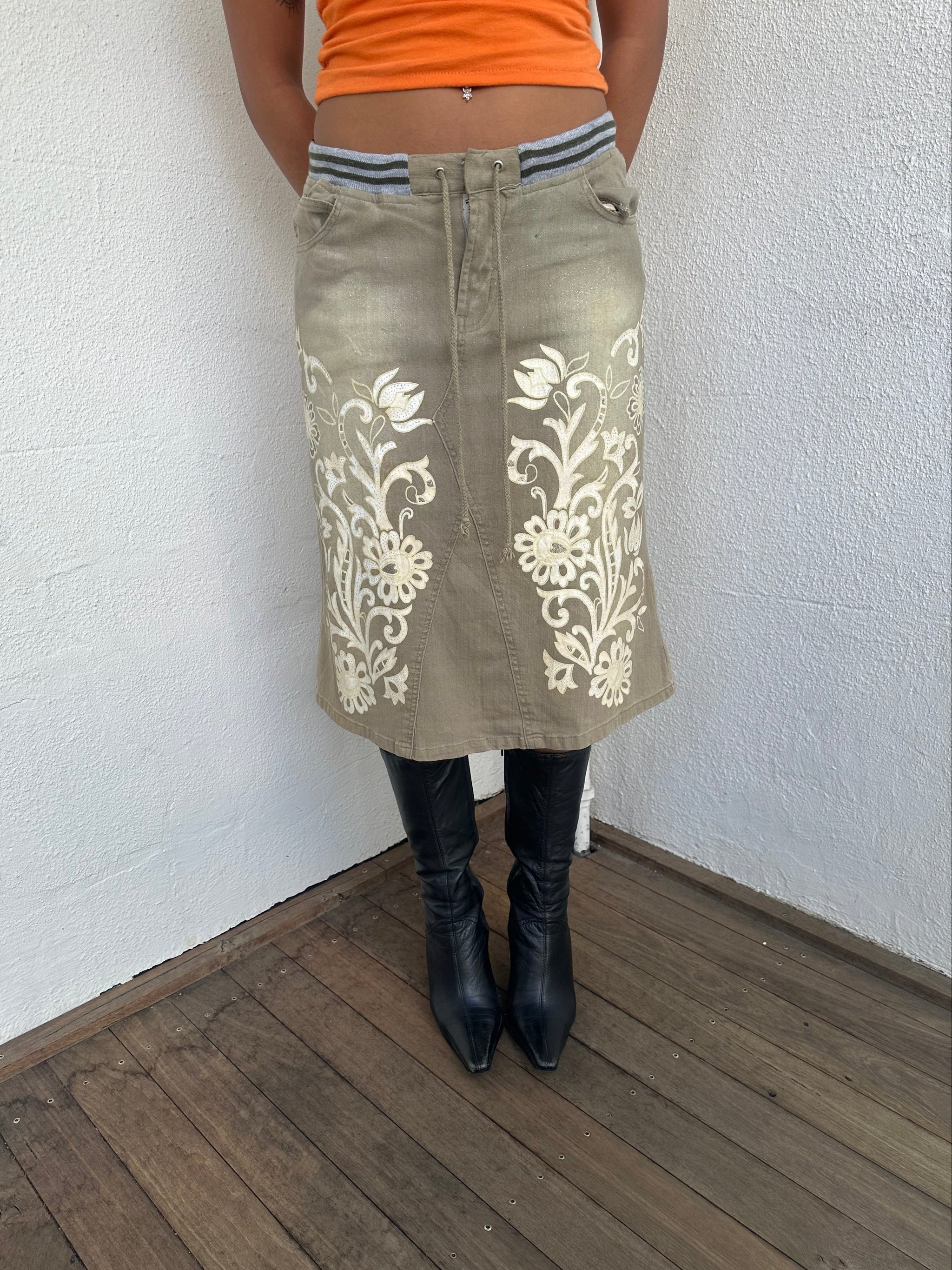 Khaki Floral Printed Denim Midi Skirt