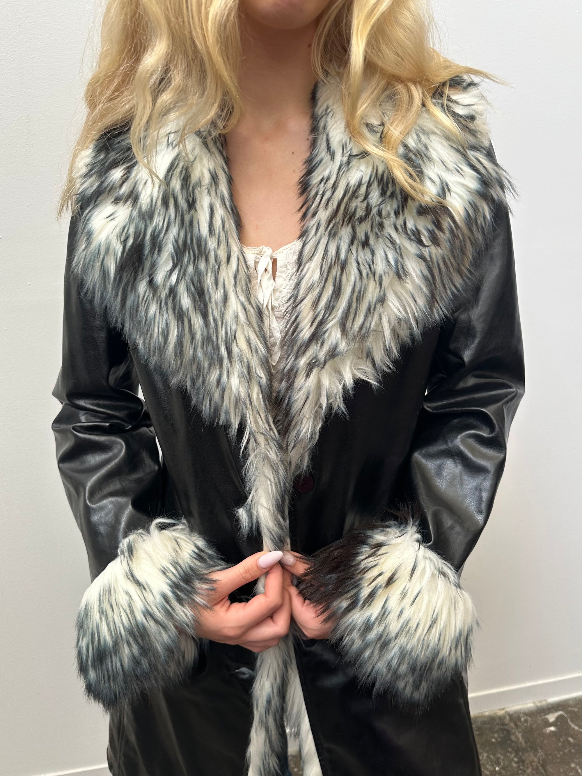 Black Pleather & White Faux Fur Coat - Size M