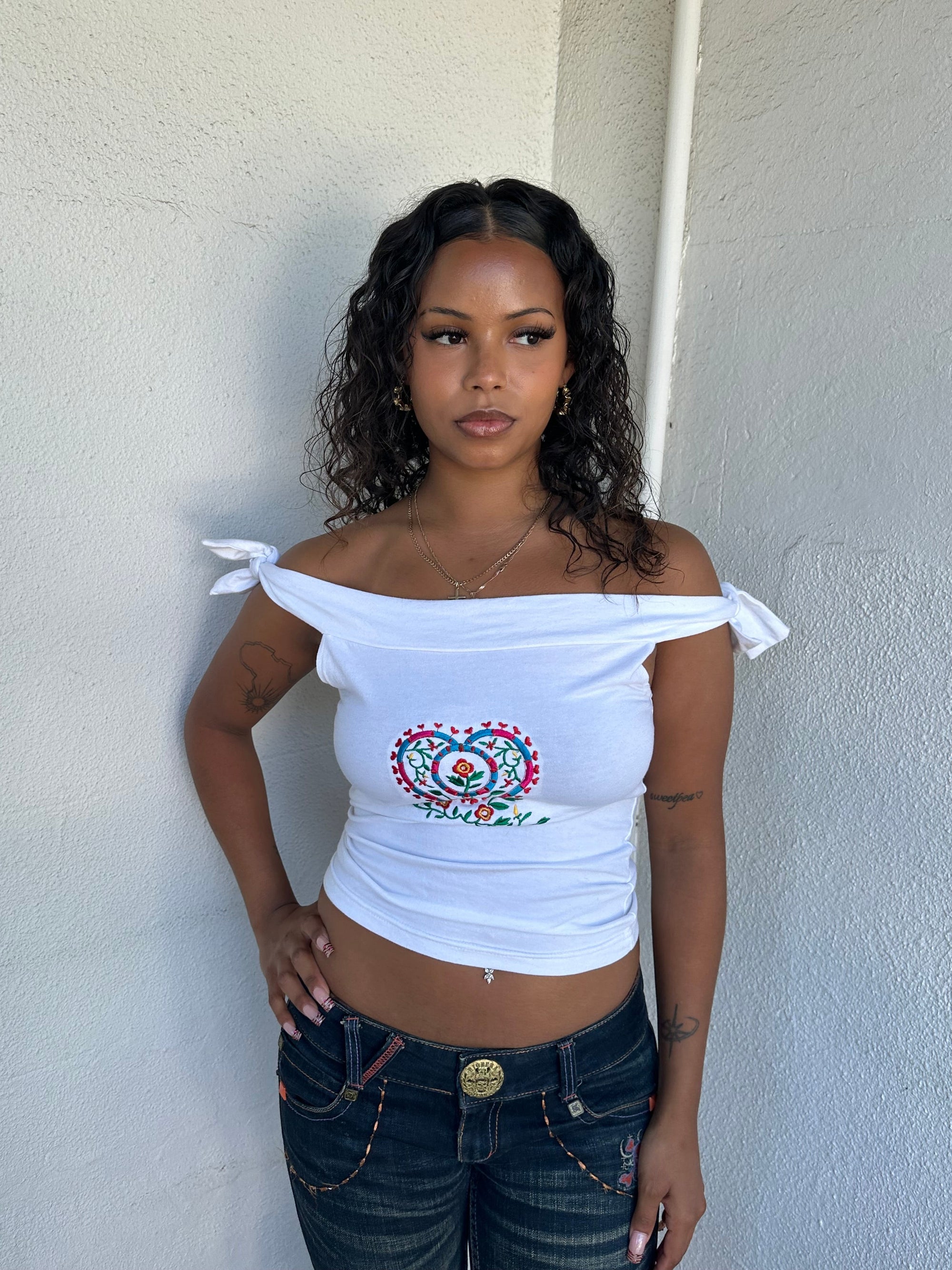 Embroidered White Tie Off The Shoulder Top - Size S