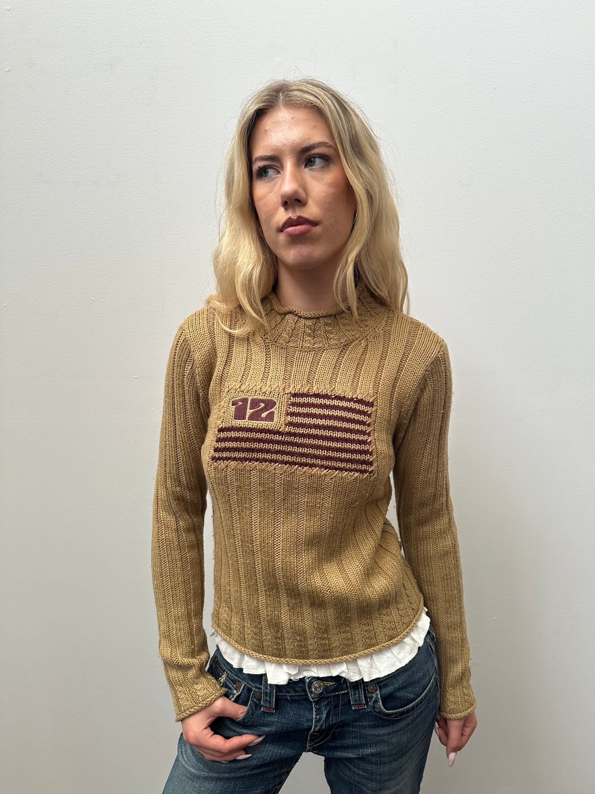 Flag Design Tan Ribbed Jumper - Size M