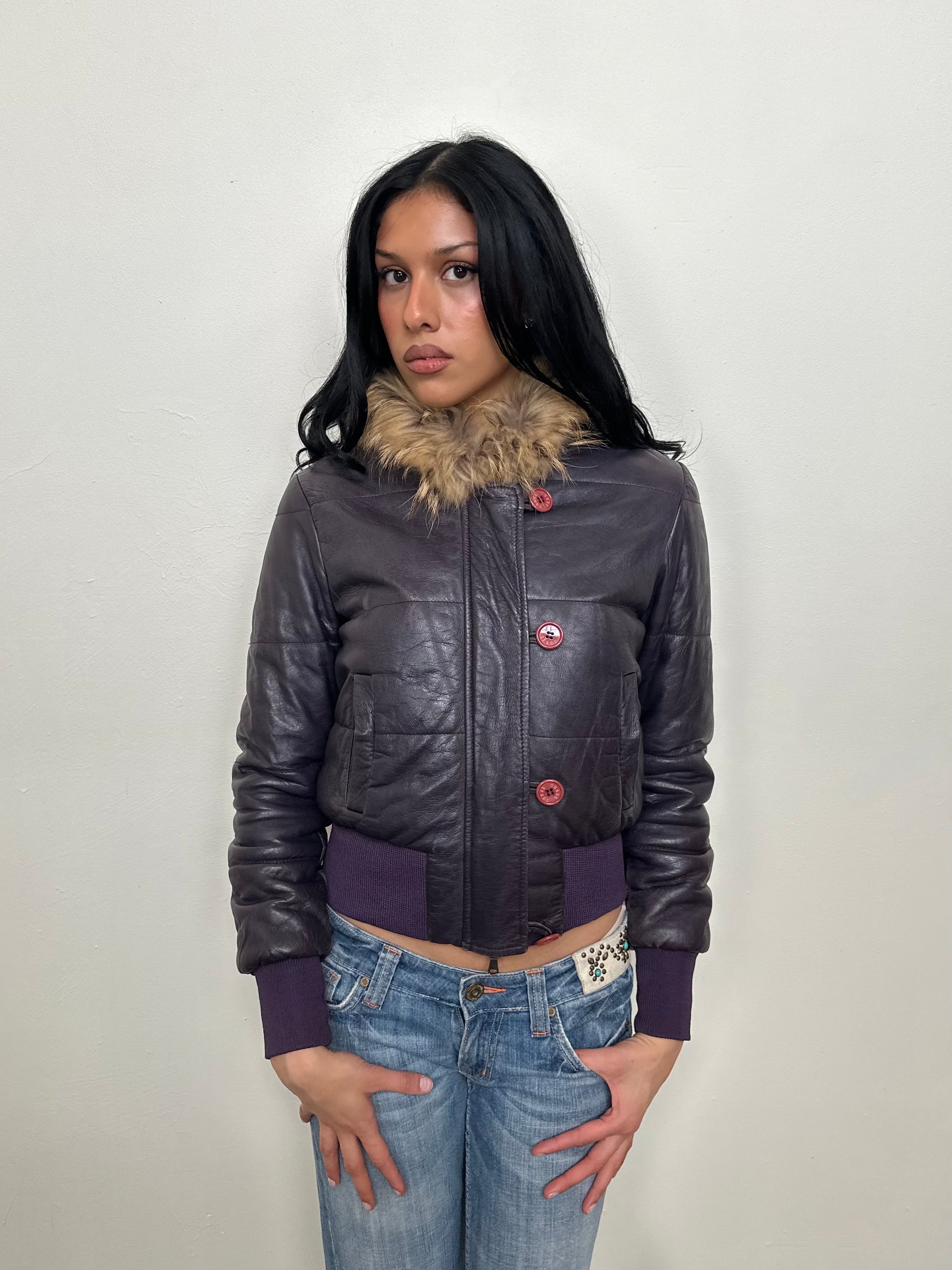 Guess Purple Leather Real Fur Hood Puffer Jacket - Size XS