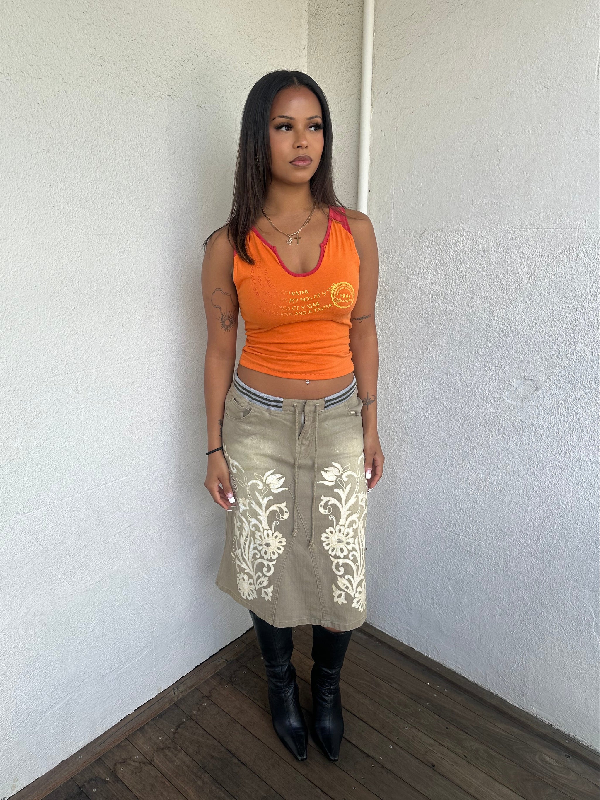 Khaki Floral Printed Denim Midi Skirt