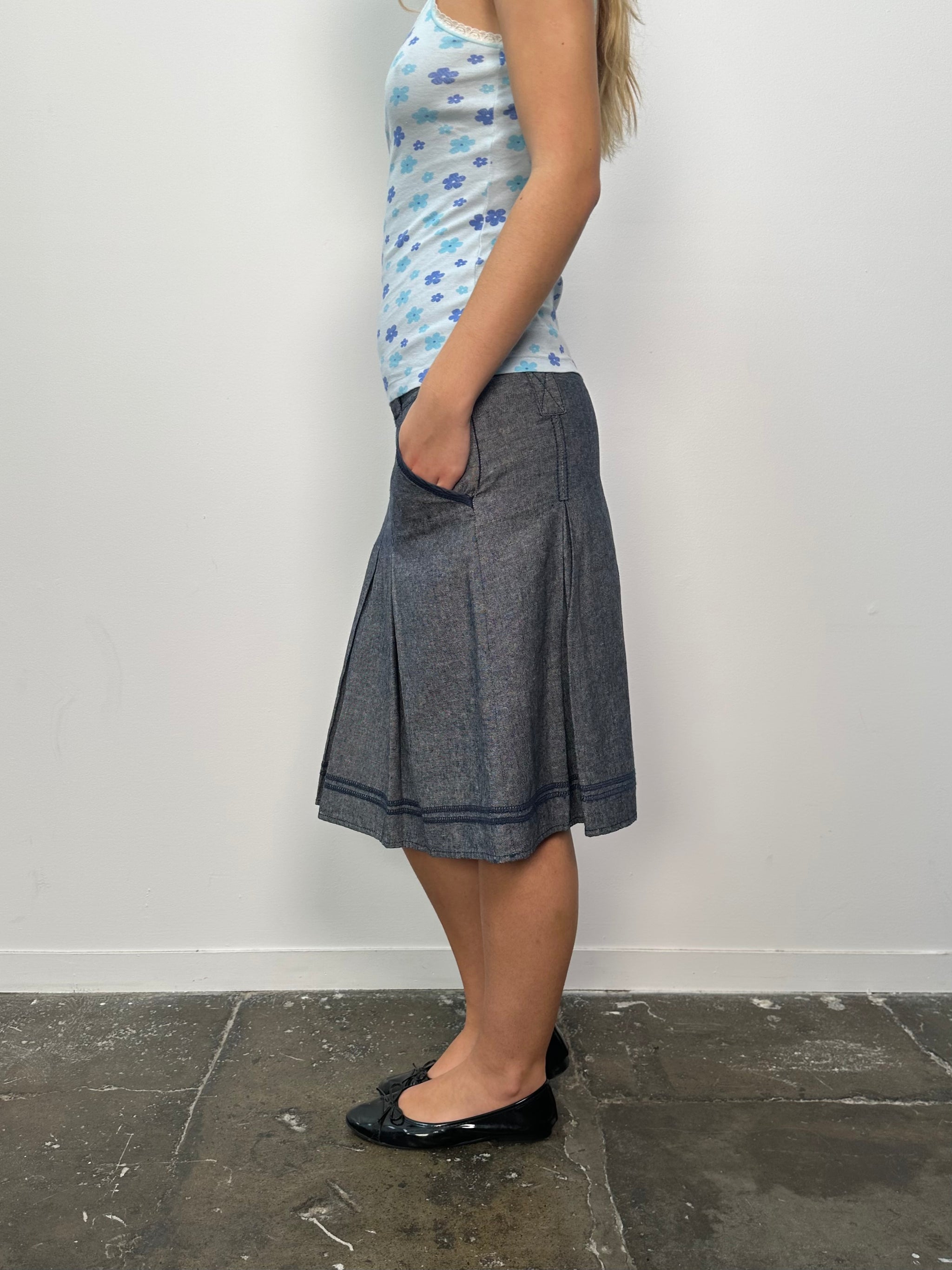 Grey Blue Contrast Stitch Pleated Midi Skirt - Size M