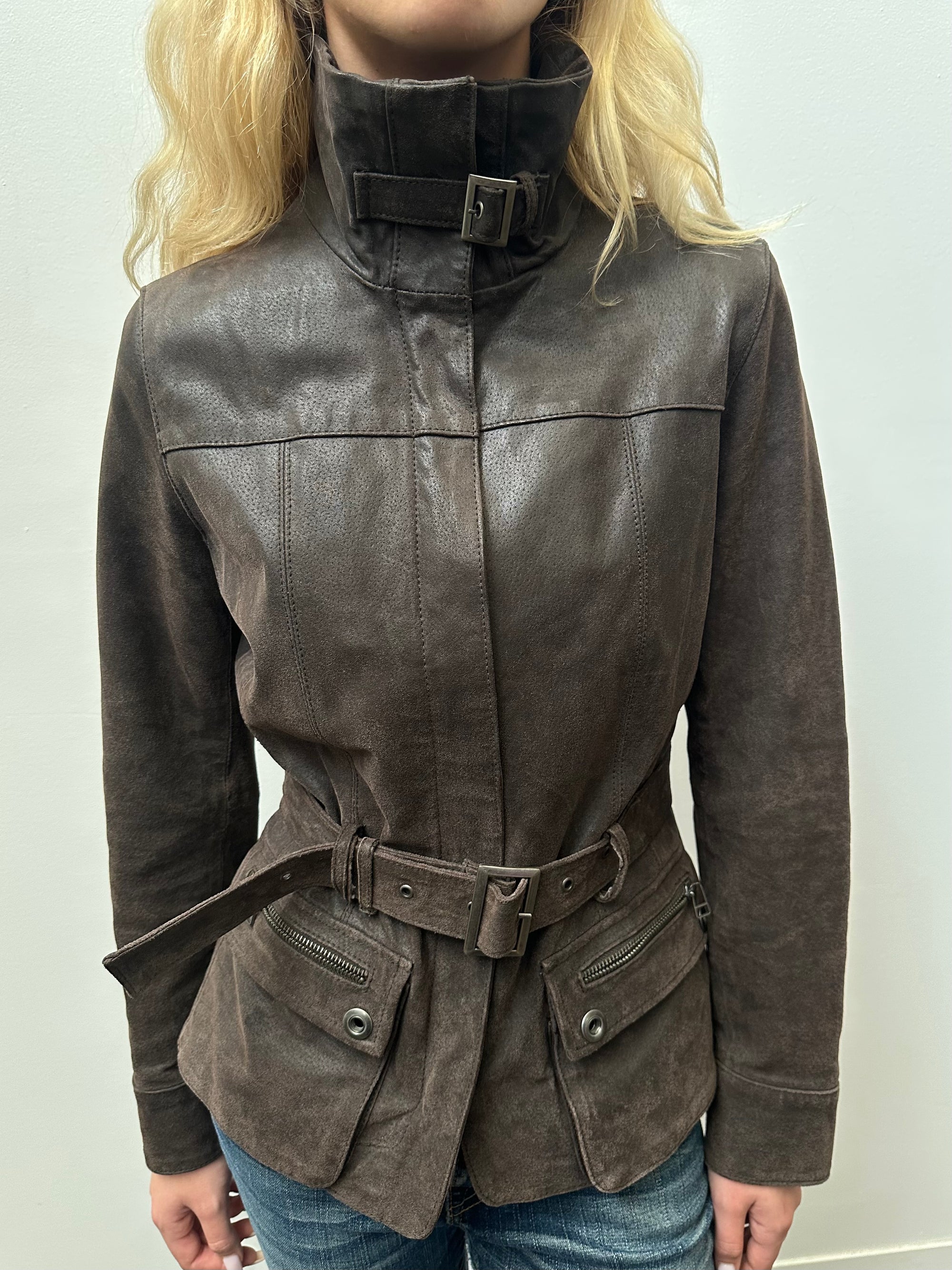 Chocolate Brown Leather Structured Jacket - Size M