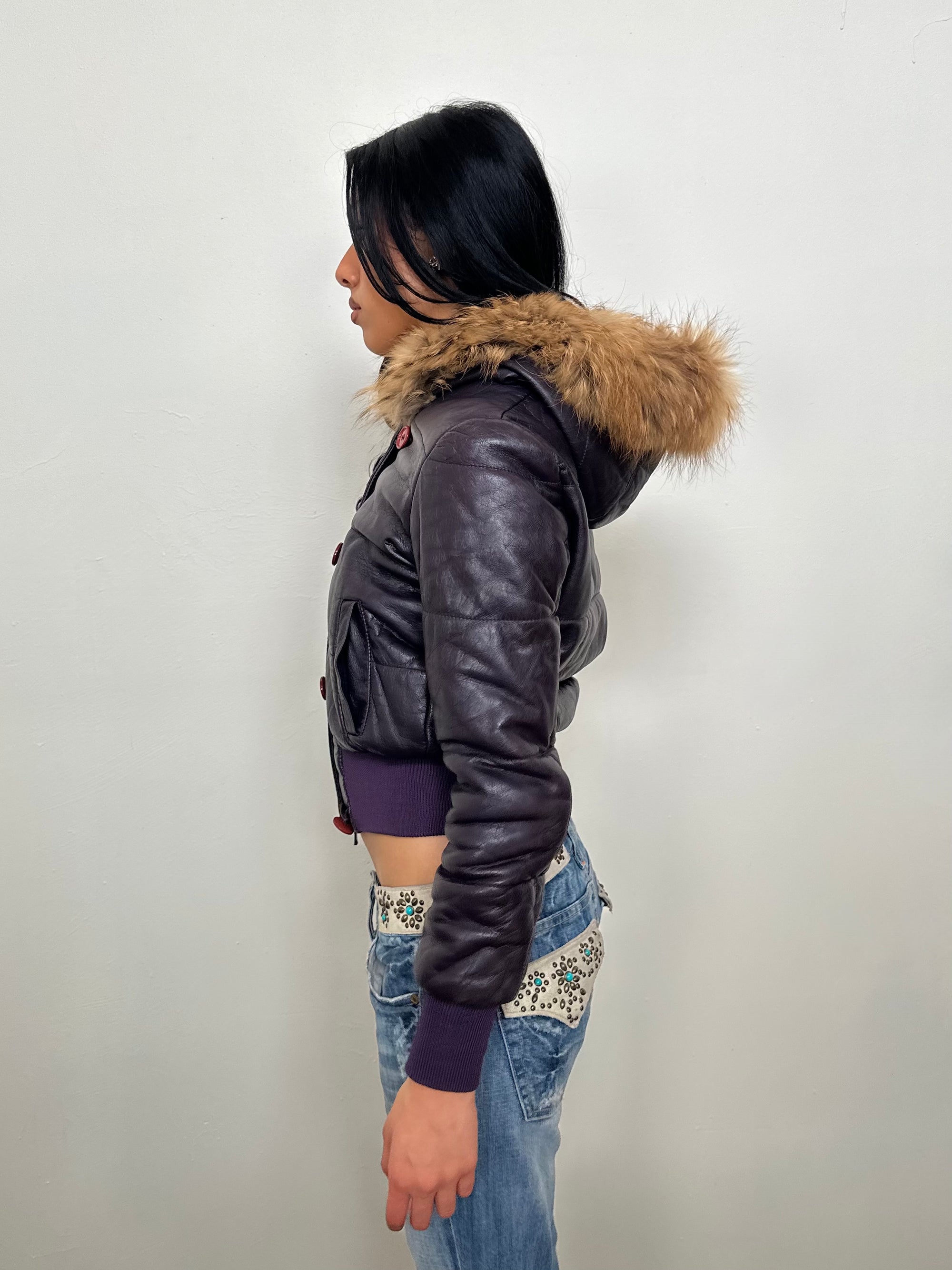 Guess Purple Leather Real Fur Hood Puffer Jacket - Size XS