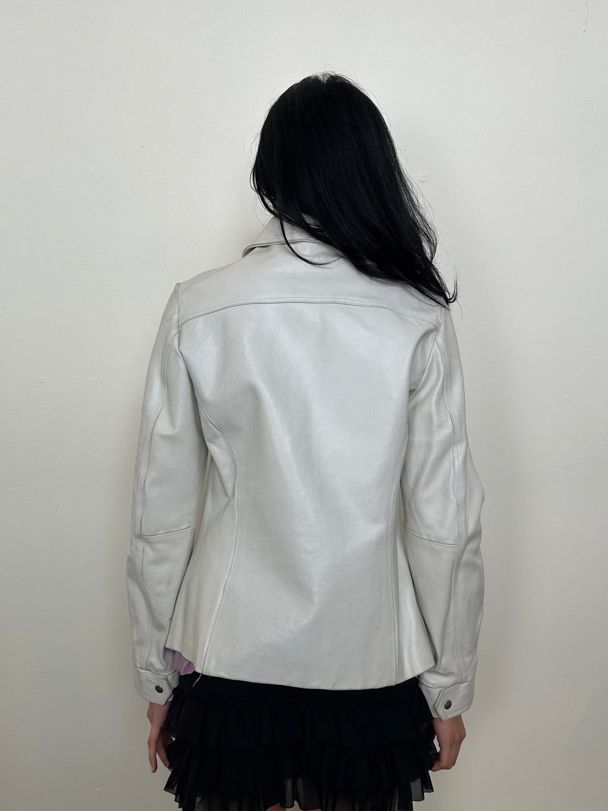 White Italian Leather Collared Jacket - Size M
