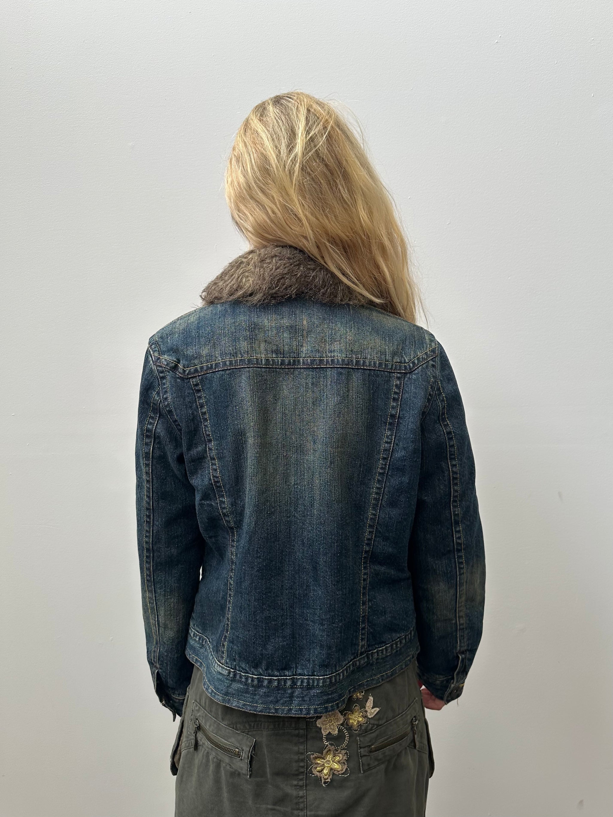 Faux Fur Collar Warm Wash Denim Jacket - Size M