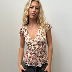Cream & Red Floral Lace Wrap Top