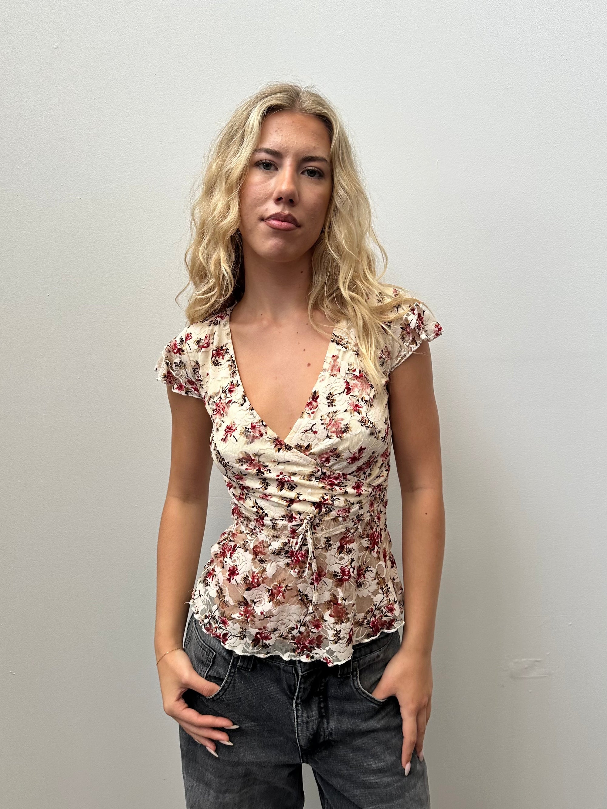 Cream & Red Floral Lace Wrap Top