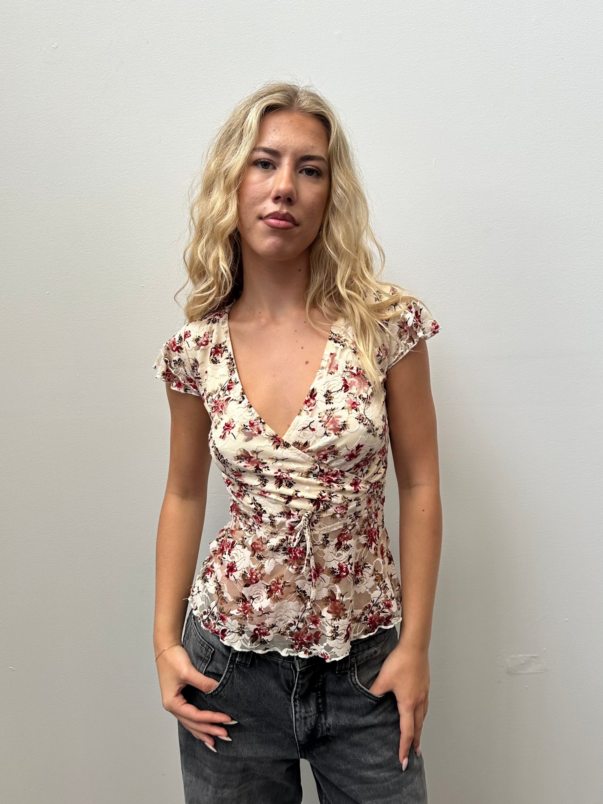 Cream & Red Floral Lace Wrap Top