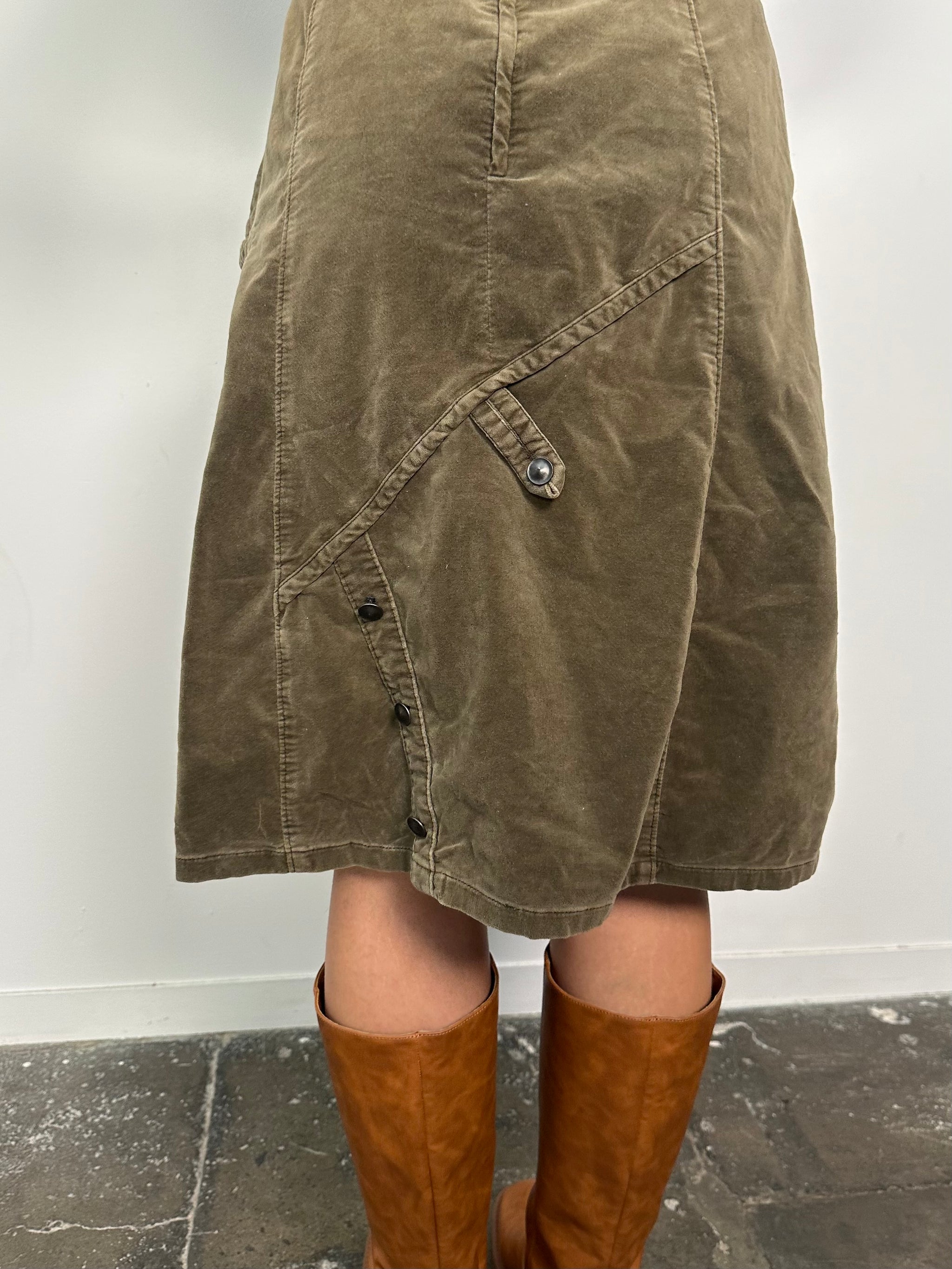 Khaki Green Velour Midi Skirt - Size S