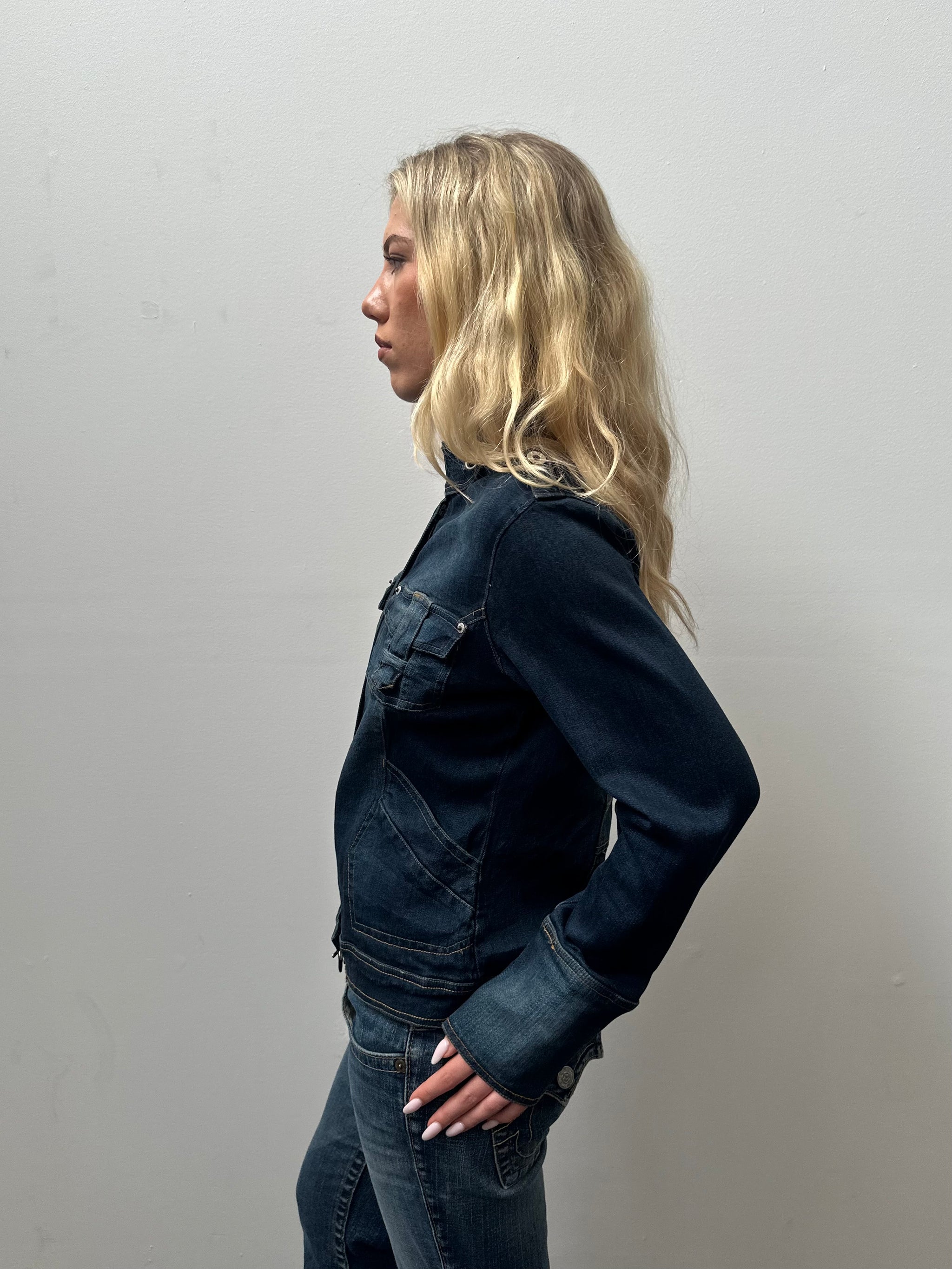 Dark Denim Hook & Eye Biker Jacket - Size M