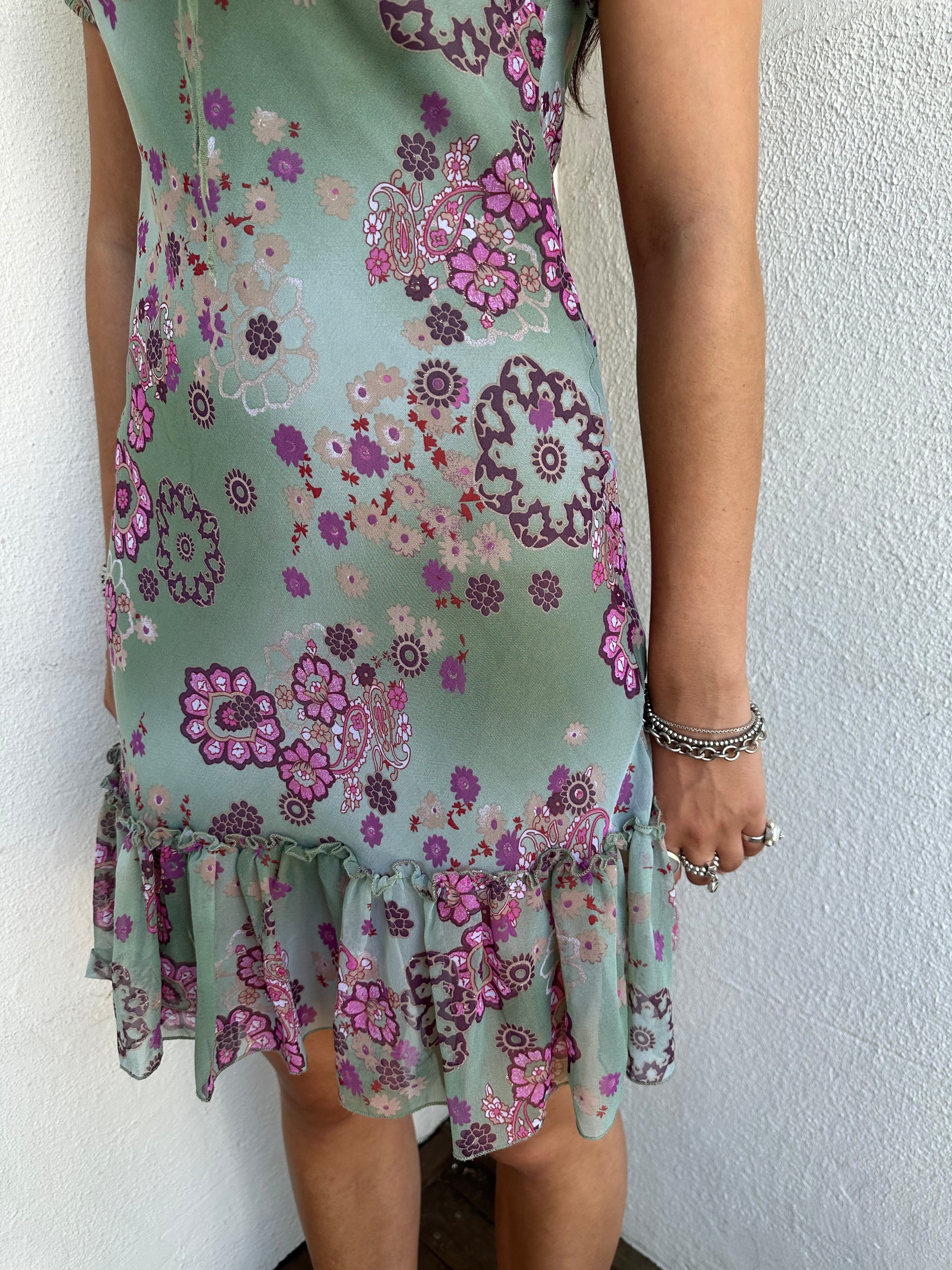 Green & Pink Floral Milkmaid Dress - Size S