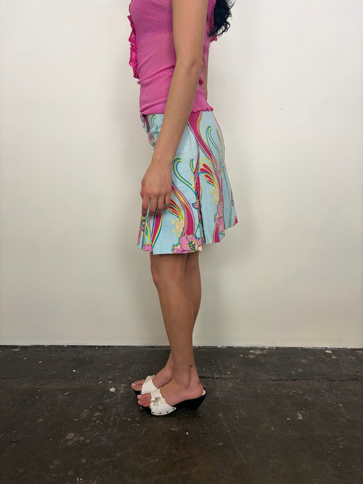 Aqua & Pink Swirl Pattern Midi Skirt - Size S