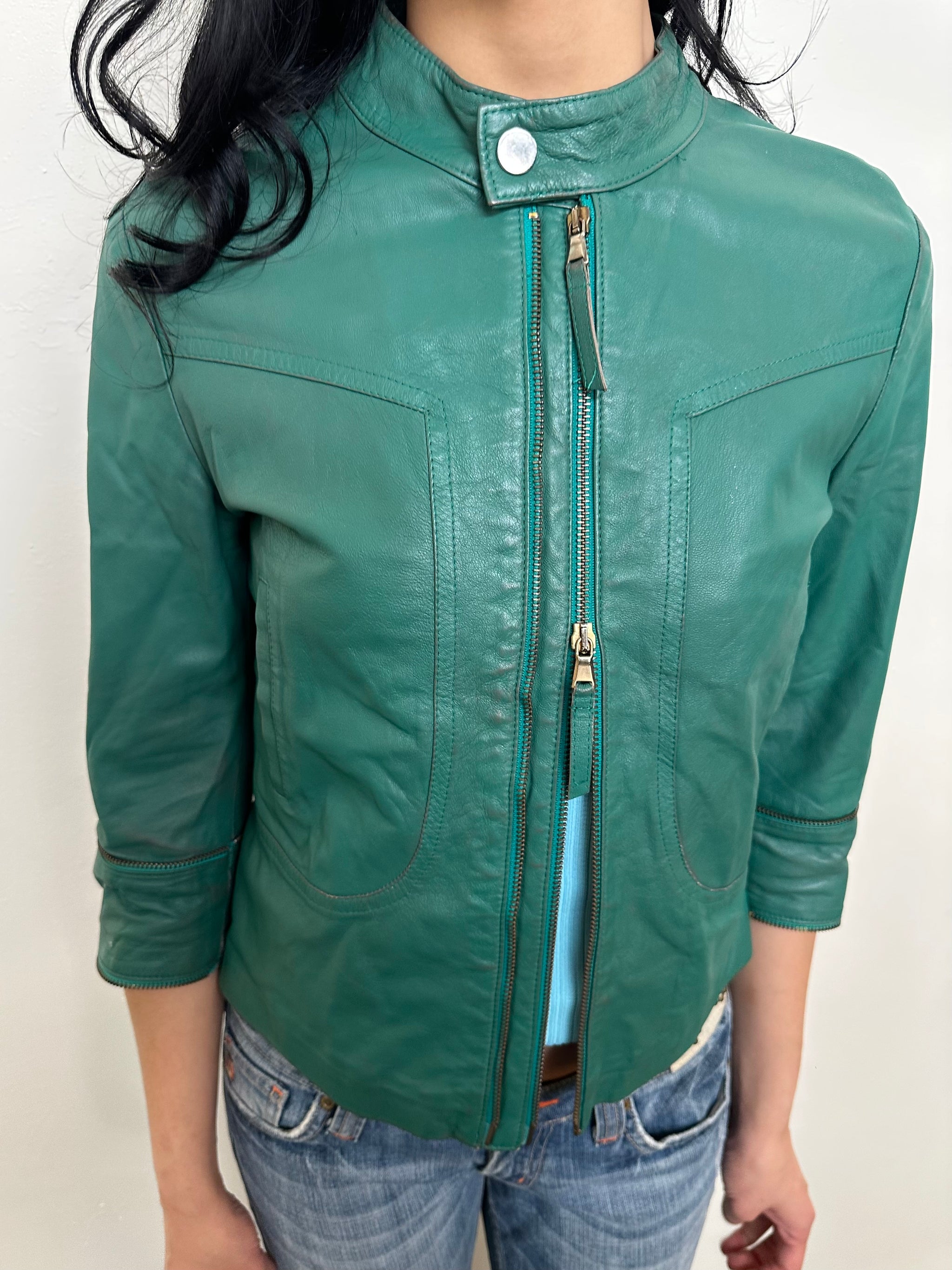 Teal 3/4 Sleeve Leather Moto Jacket - Size S