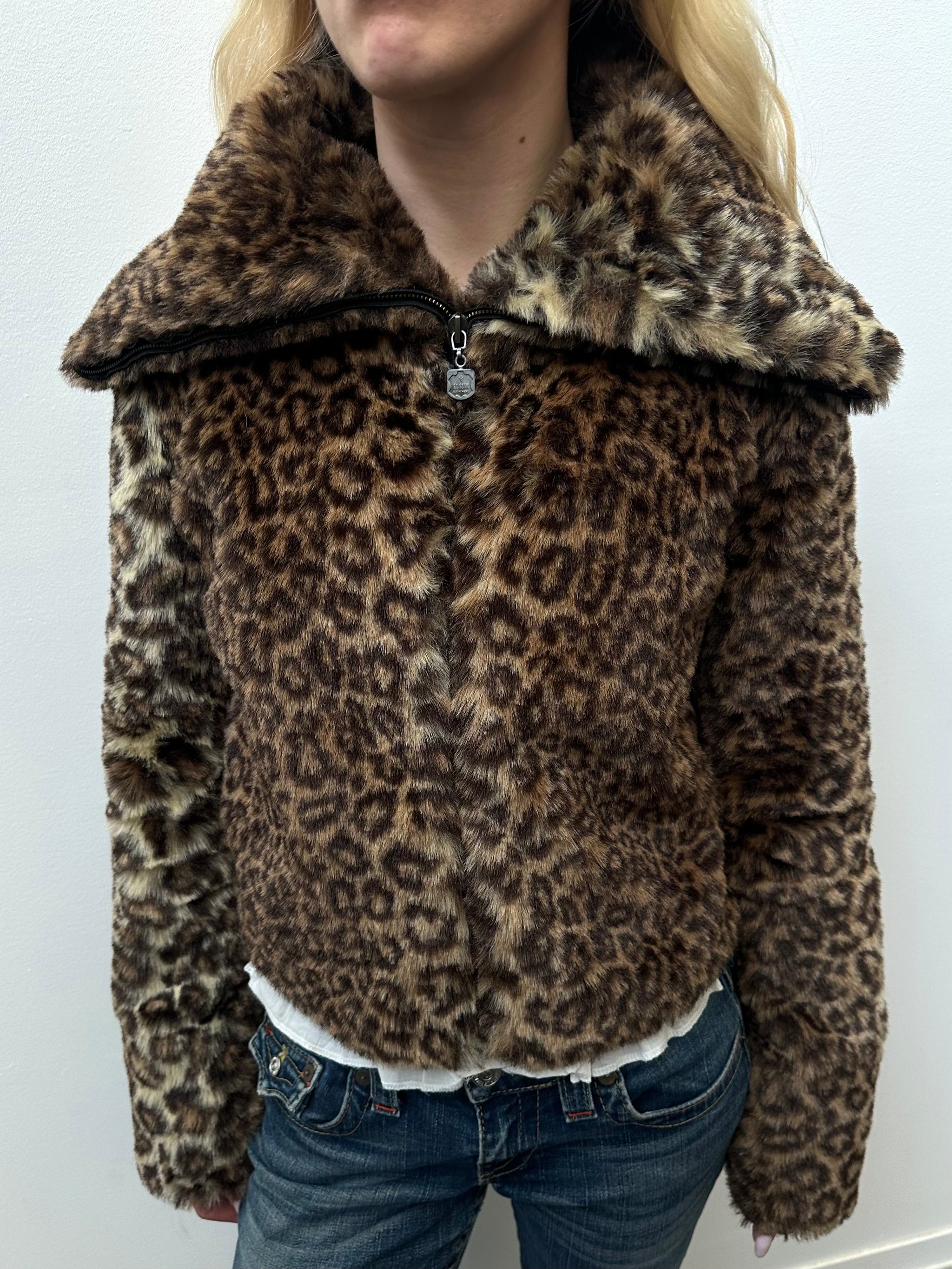 Leopard Print Faux Fur Jacket - Size M