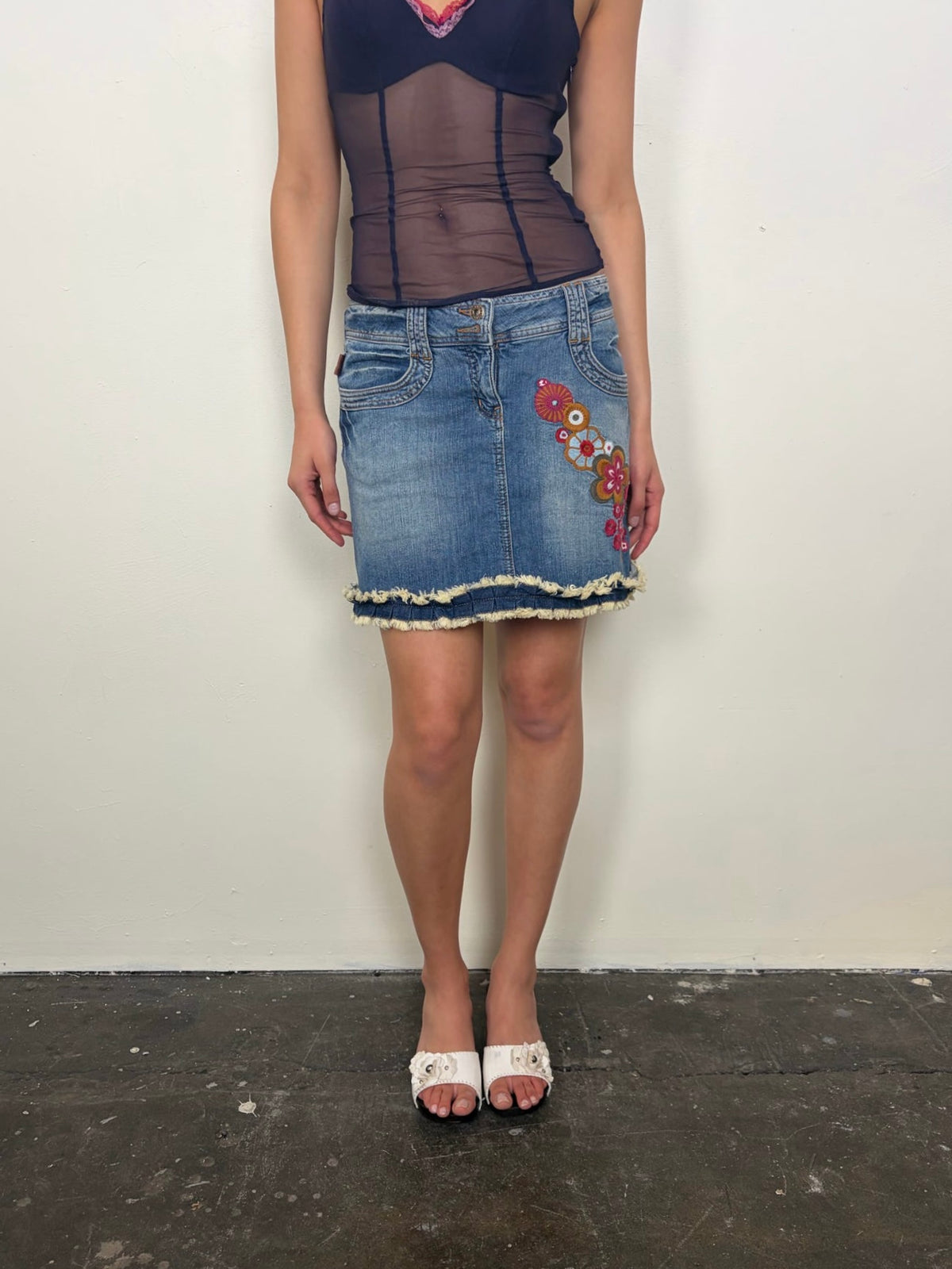 Moschino Floral Embroidered Denim Mini Skirt- Size S