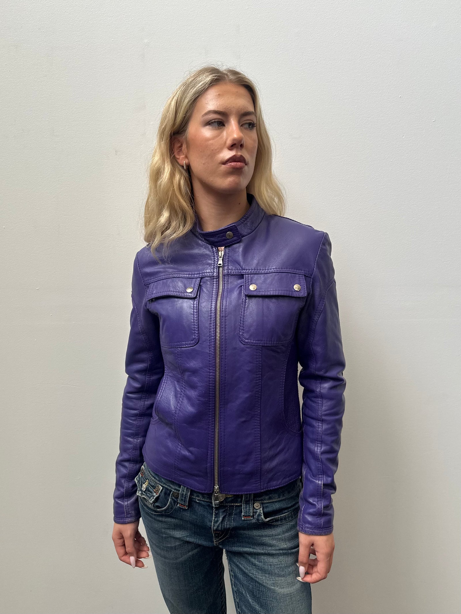 Purple Leather Biker Jacket - Size M