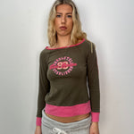 Khaki & Pink Wide neck Long Sleeve Top - Size M