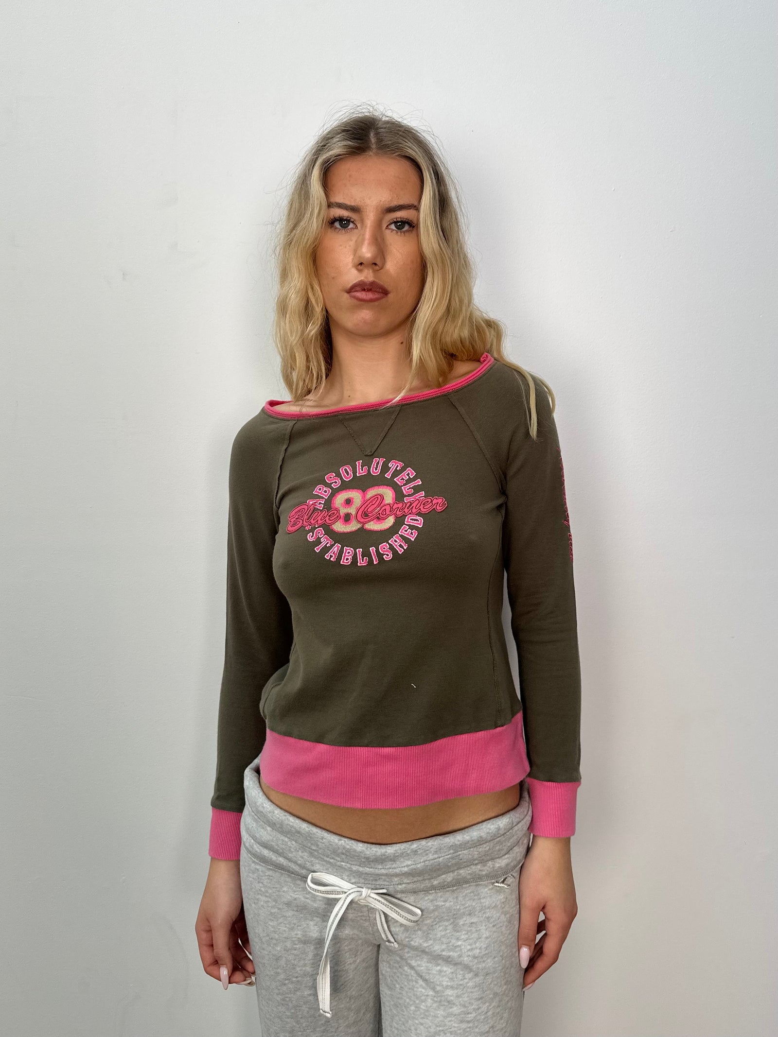 Khaki & Pink Wide neck Long Sleeve Top - Size M