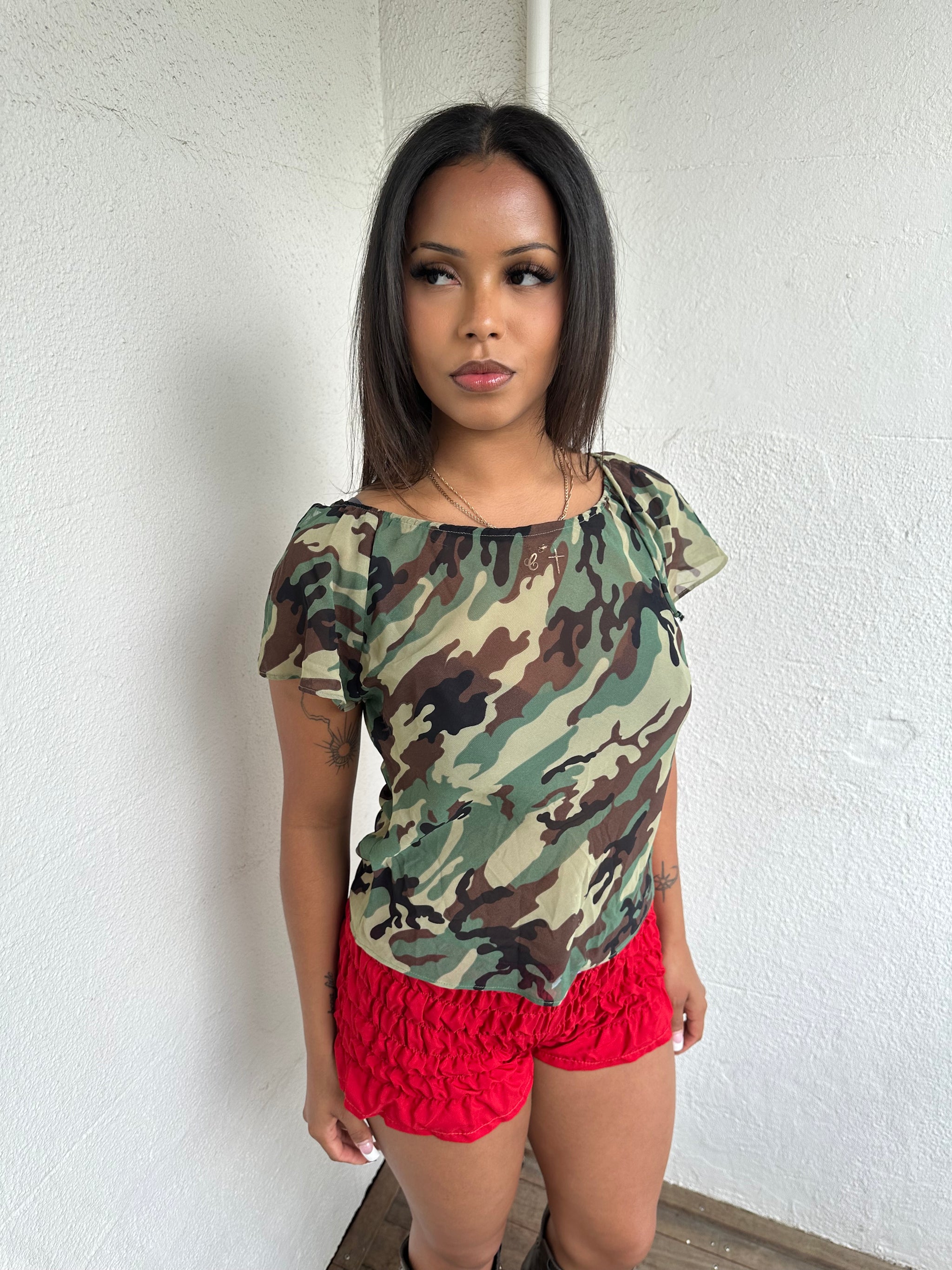 Floaty Camo Print Sheer Blouse