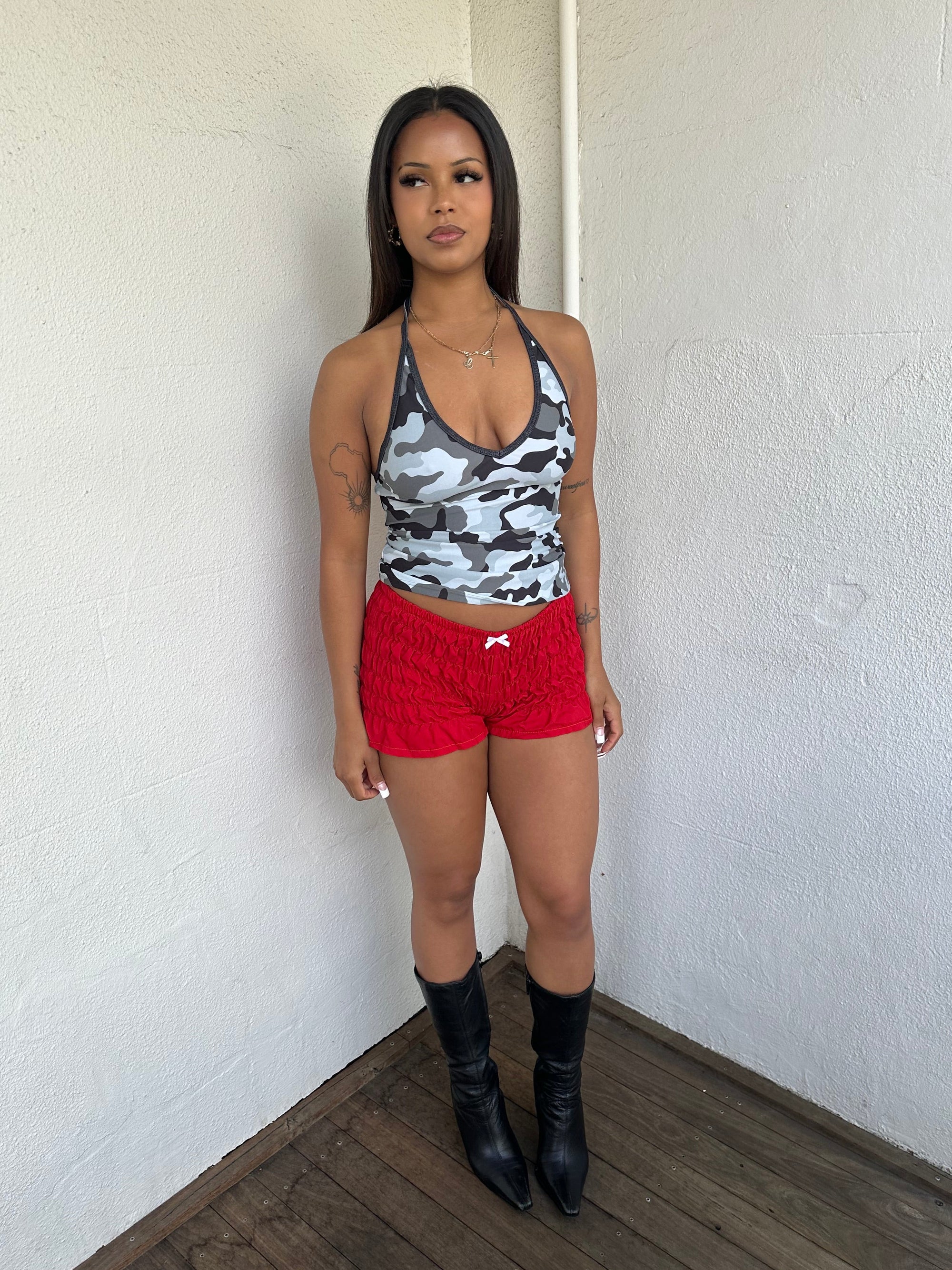 Red Gathered Bloomer Booty Shorts