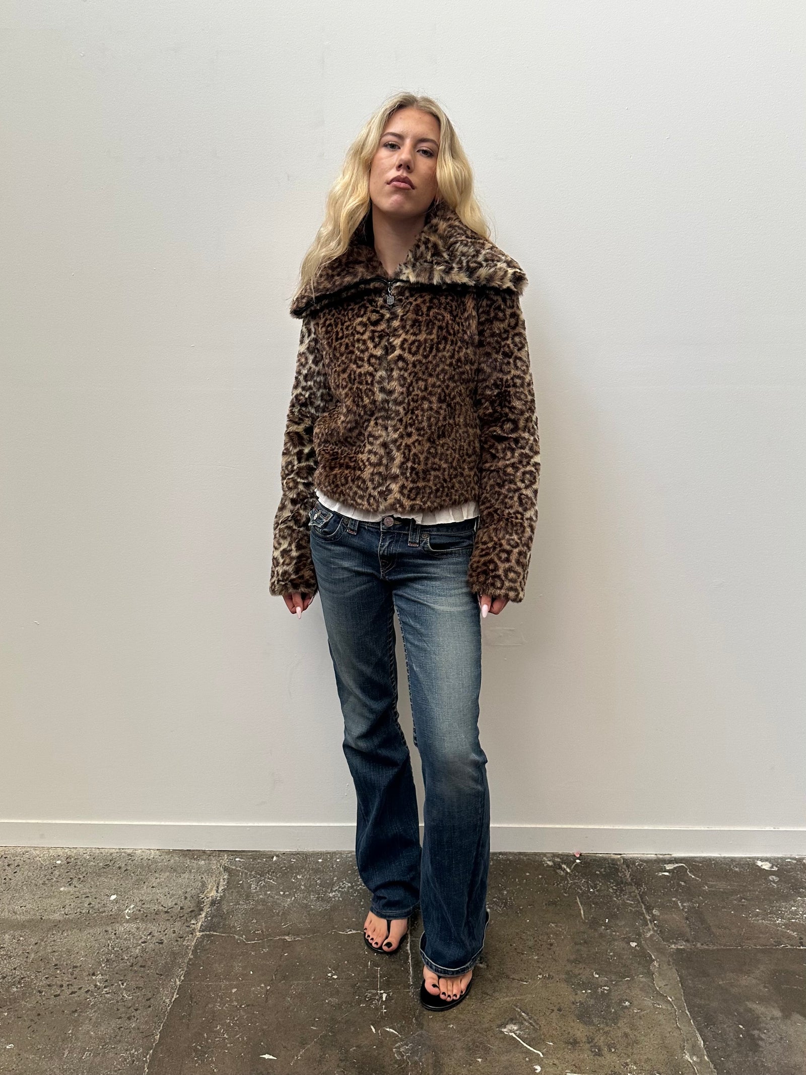 Leopard Print Faux Fur Jacket - Size M