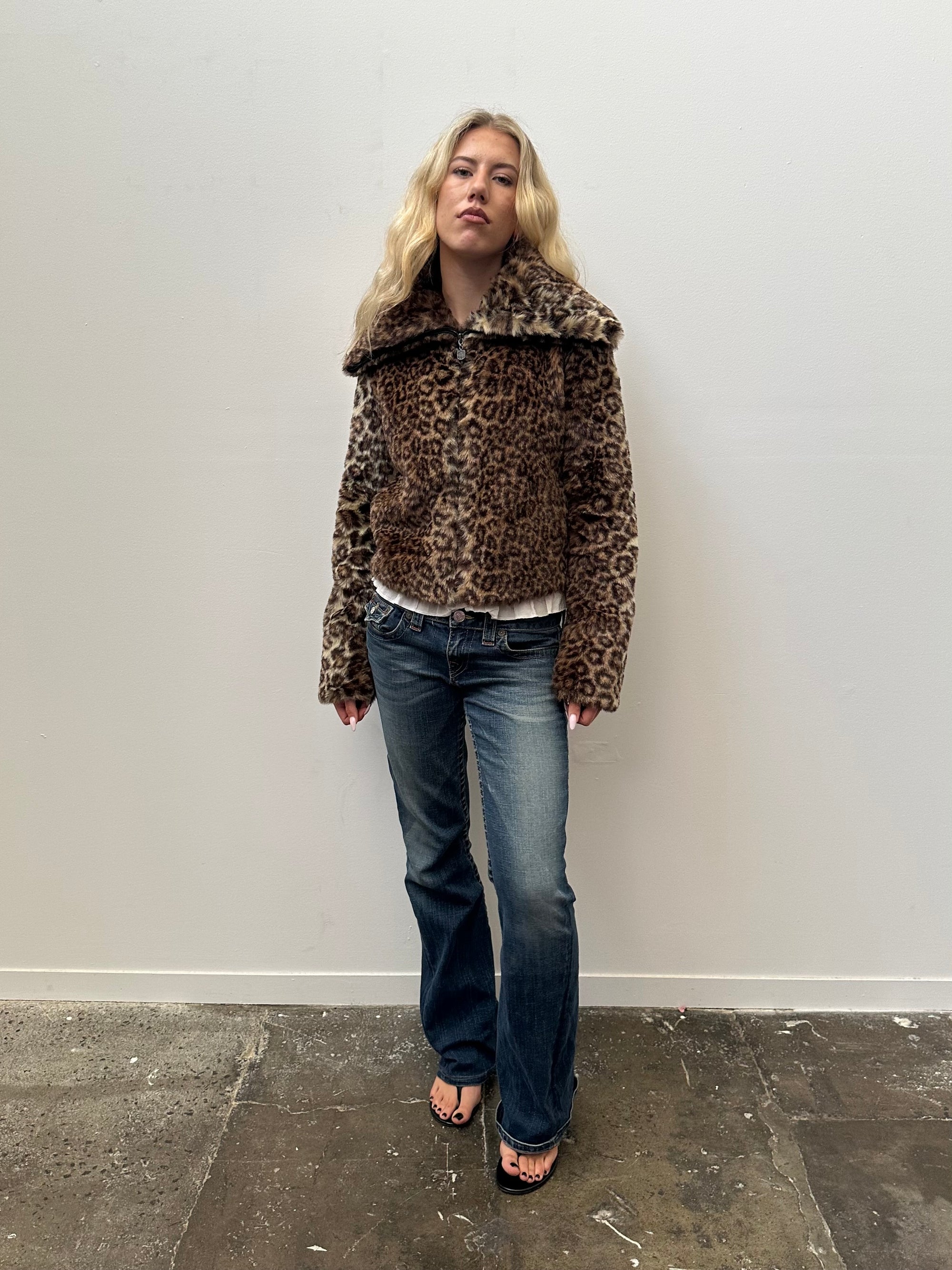 Leopard Print Faux Fur Jacket - Size M