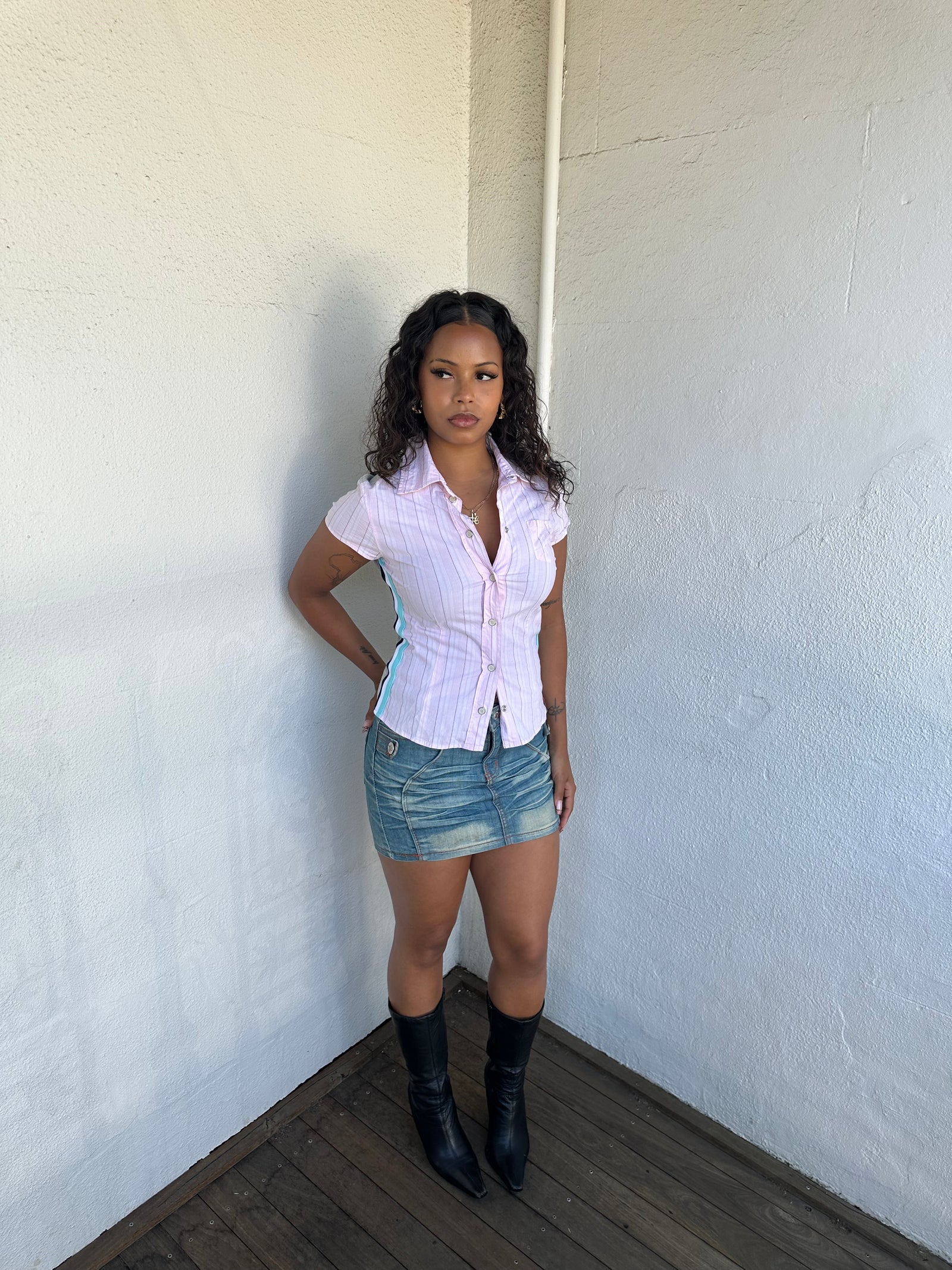 Printed Back Y2K Baby Pink Stripe Shirt - Size S