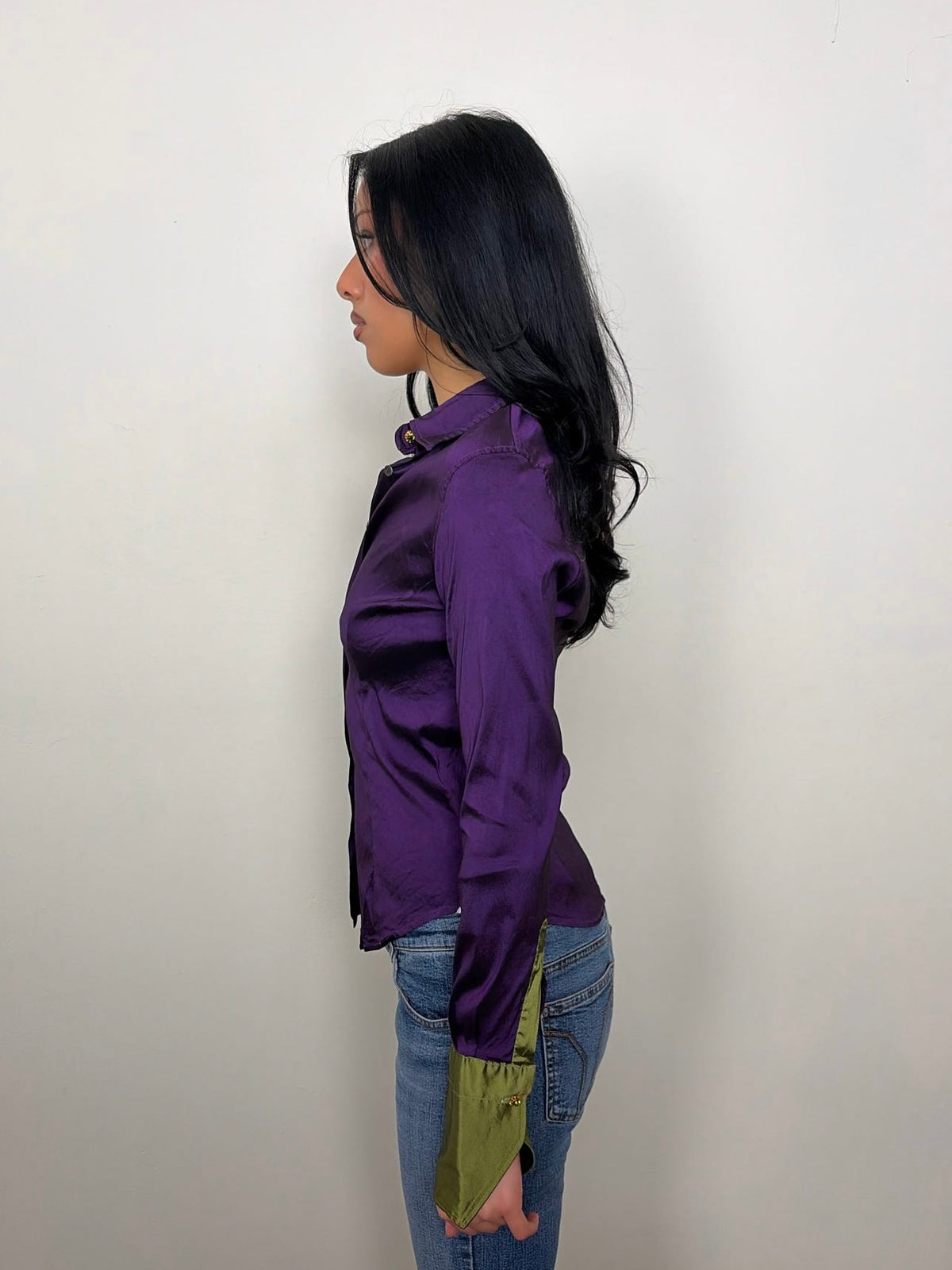 Deep Purple & Olive Green Satin Shirt - Size S