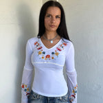 Boho White Embroidered Long Sleeve Top - Size M
