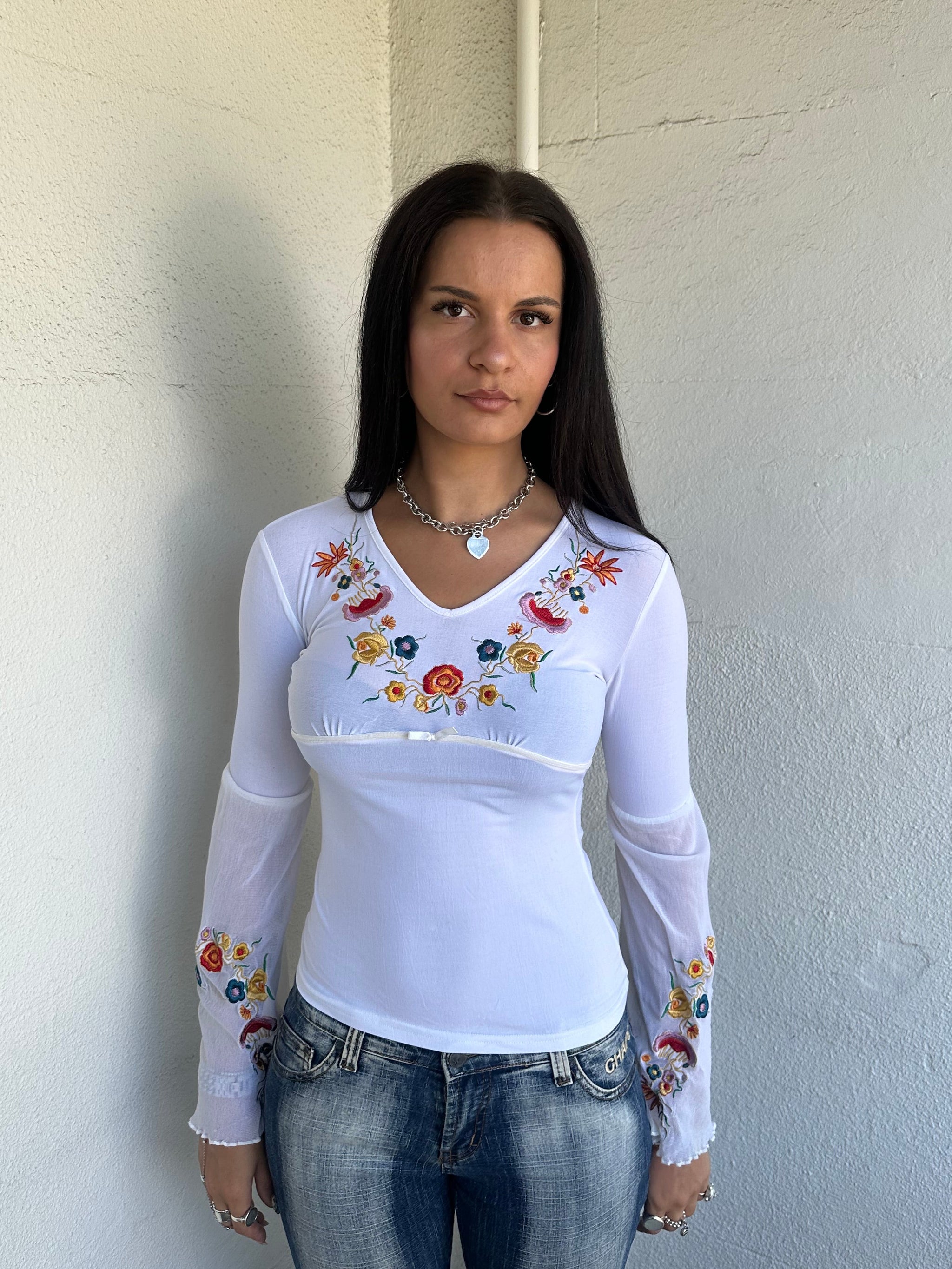 Boho White Embroidered Long Sleeve Top - Size M