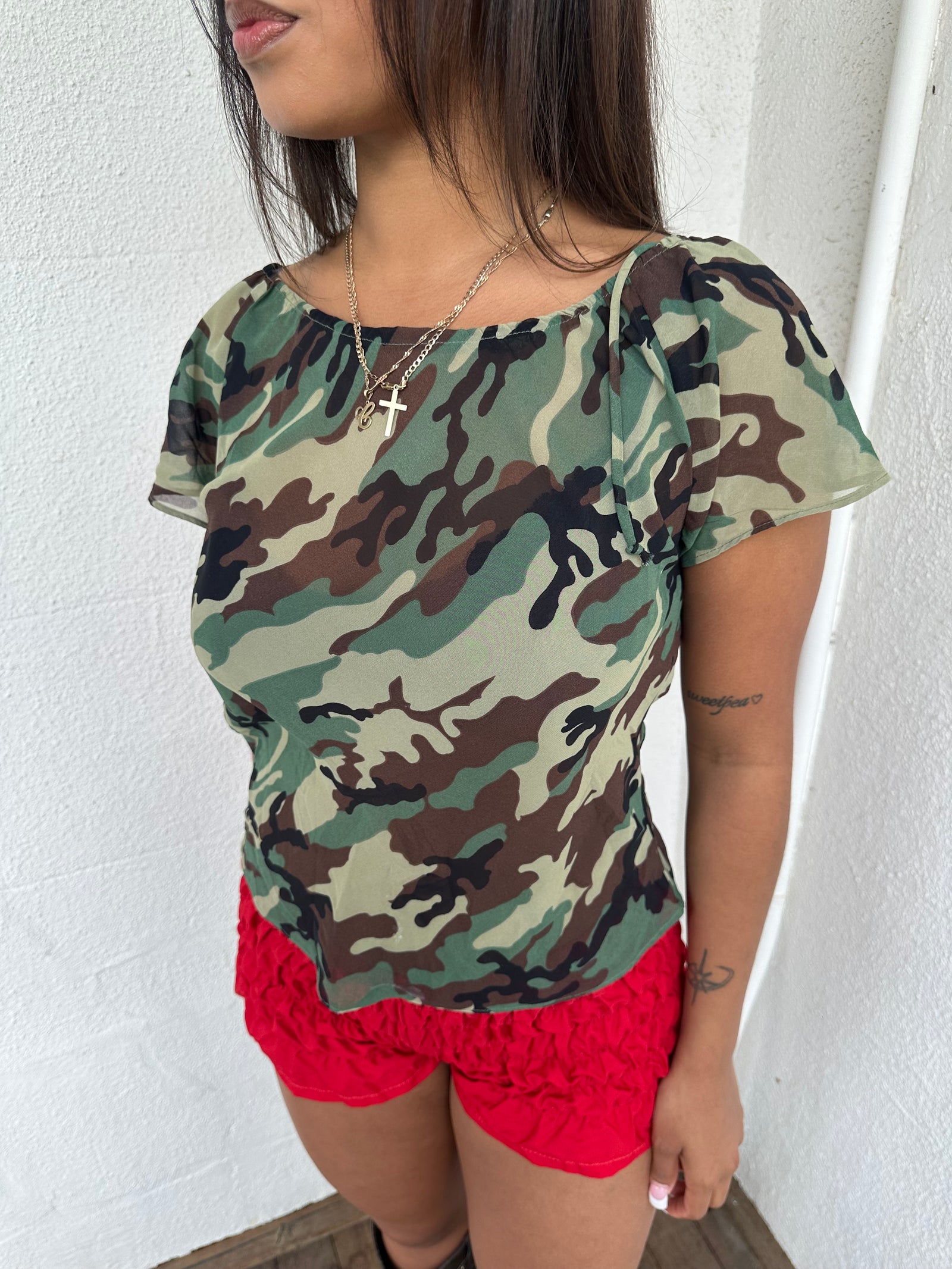 Floaty Camo Print Sheer Blouse