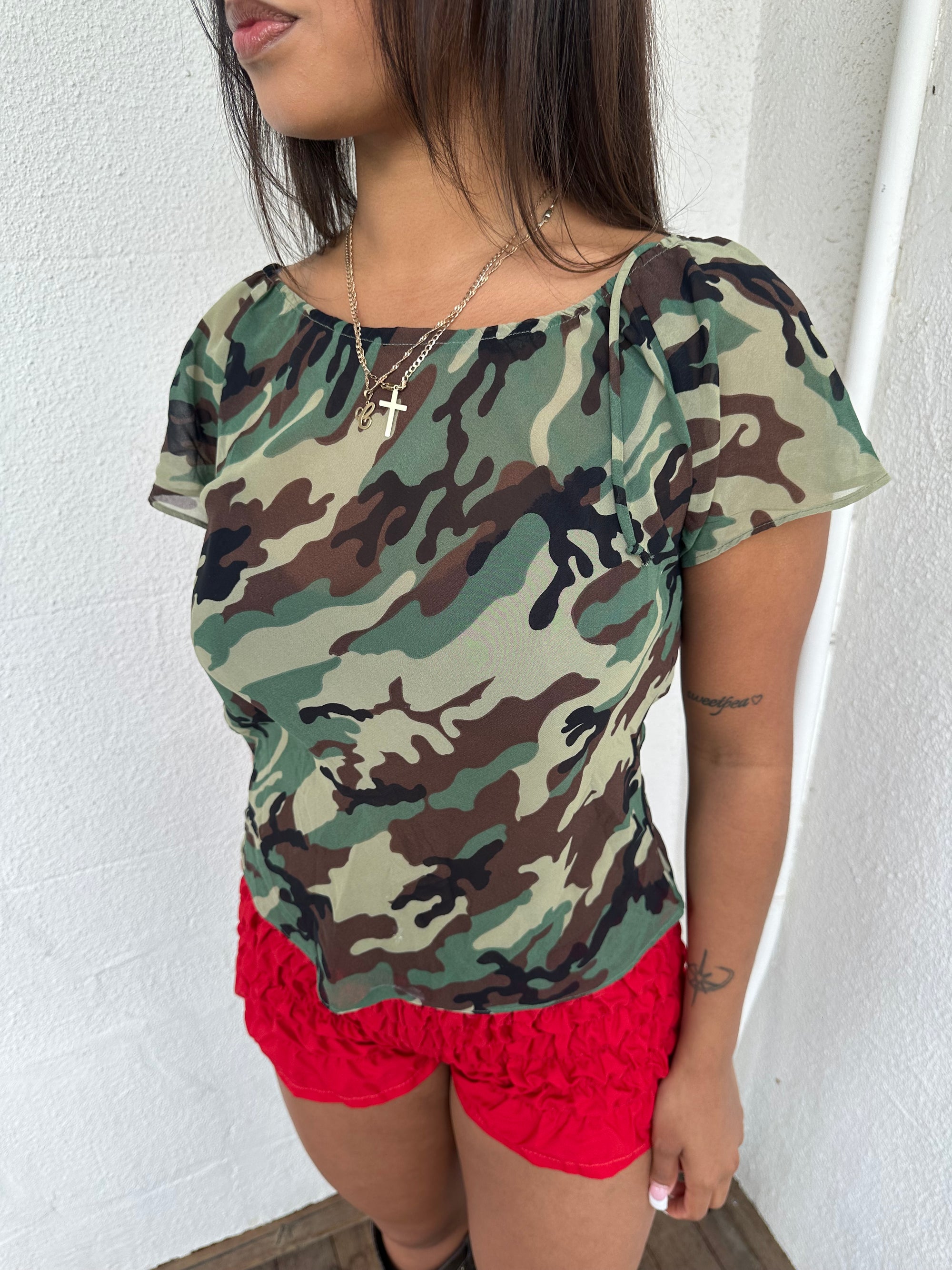 Floaty Camo Print Sheer Blouse