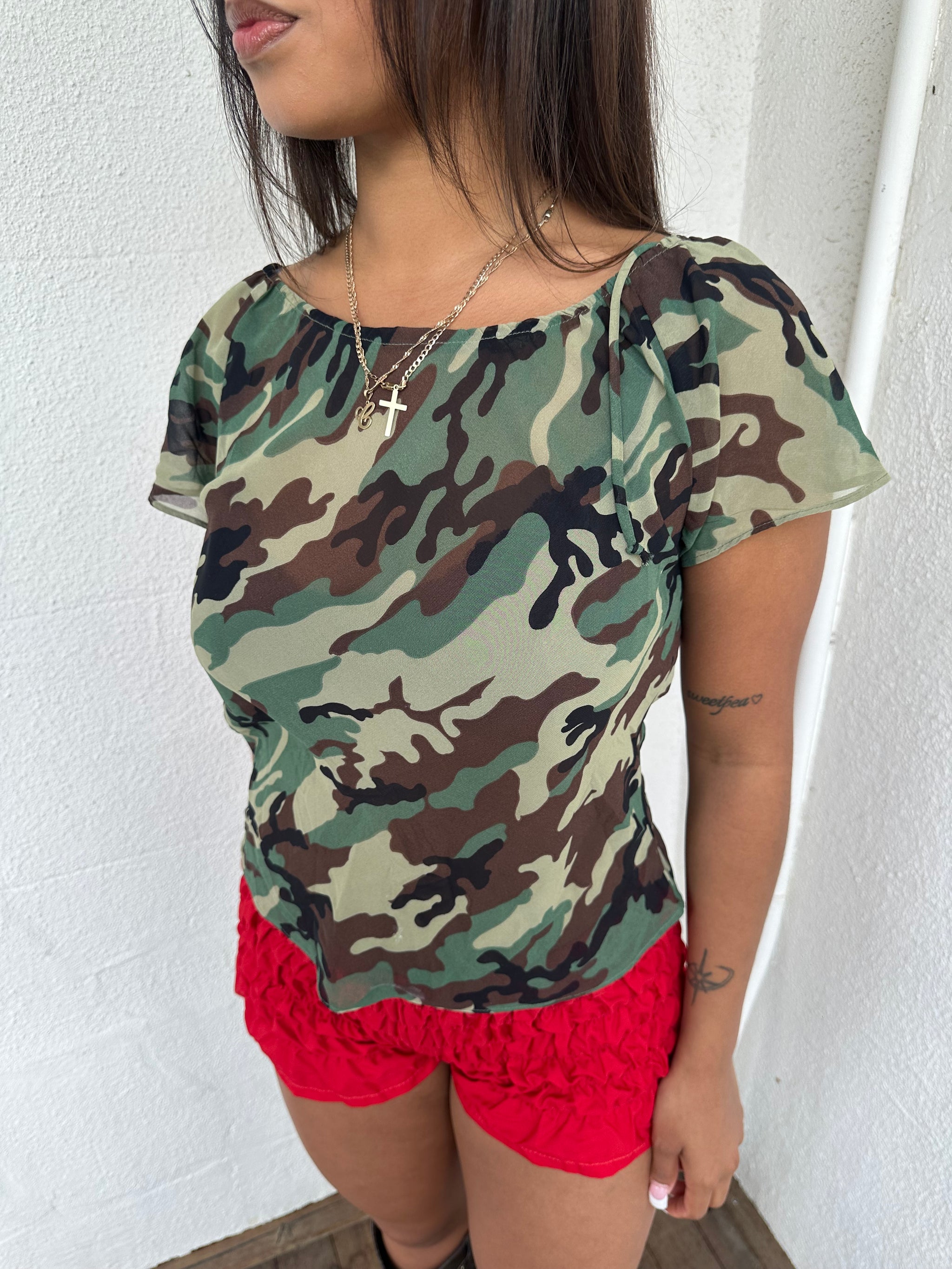 Floaty Camo Print Sheer Blouse