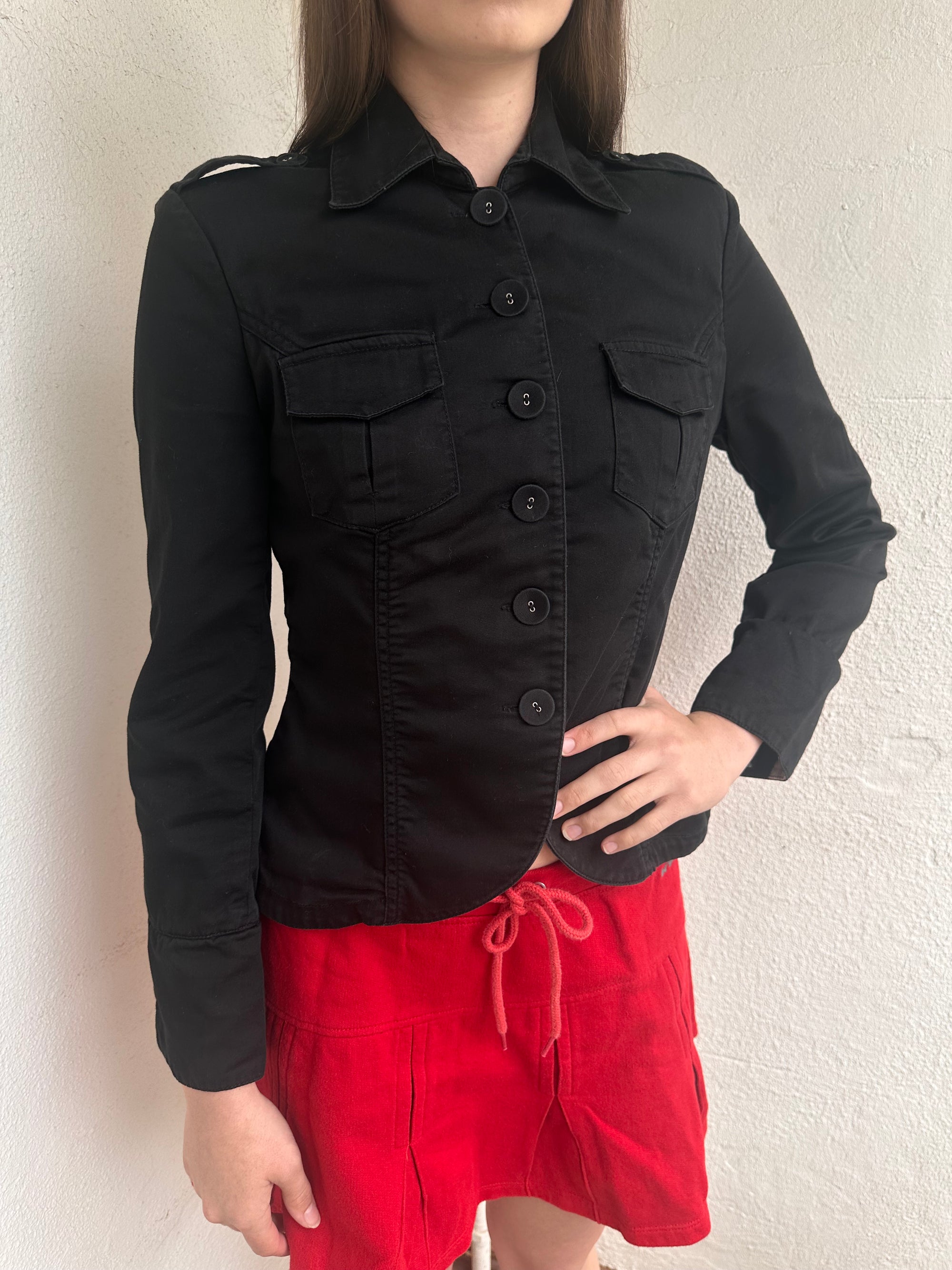 Women wearing a 00s Y2K Black fitted button-up jacket from the 2000s crafted from stretch cotton