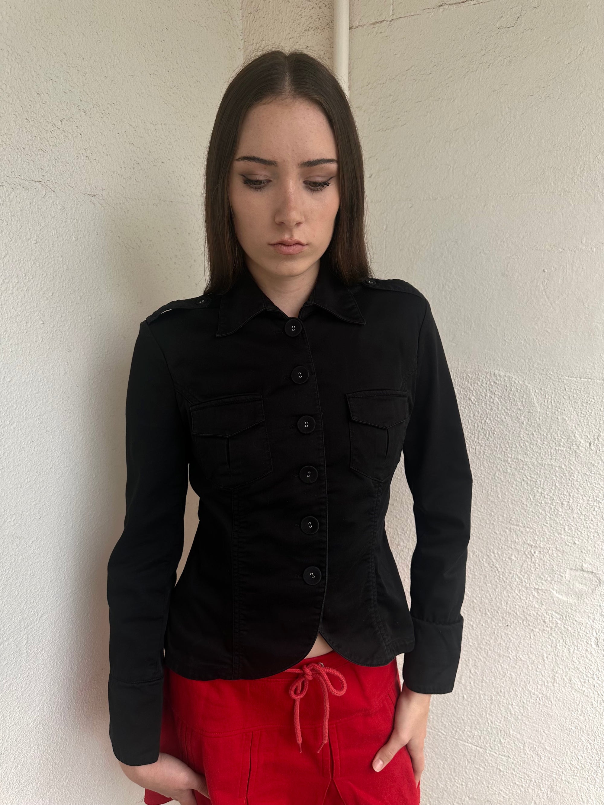 Women wearing a 00s Y2K Black fitted button-up jacket from the 2000s crafted from stretch cotton