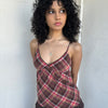 Women wearing a 00s Y2K Brown, red & orange tartan cami comfy soft cotton fabric.