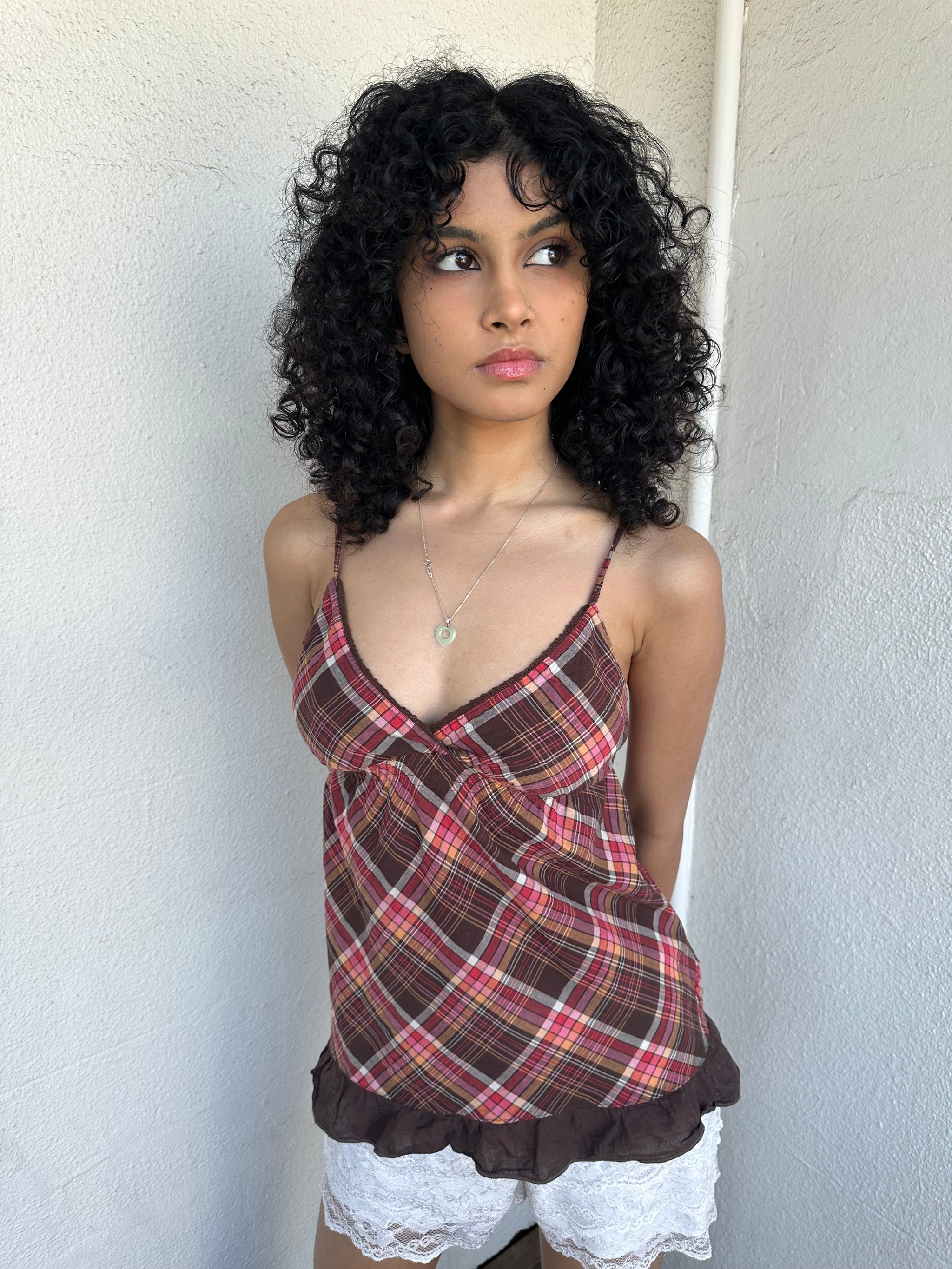 Women wearing a 00s Y2K Brown, red & orange tartan cami comfy soft cotton fabric.
