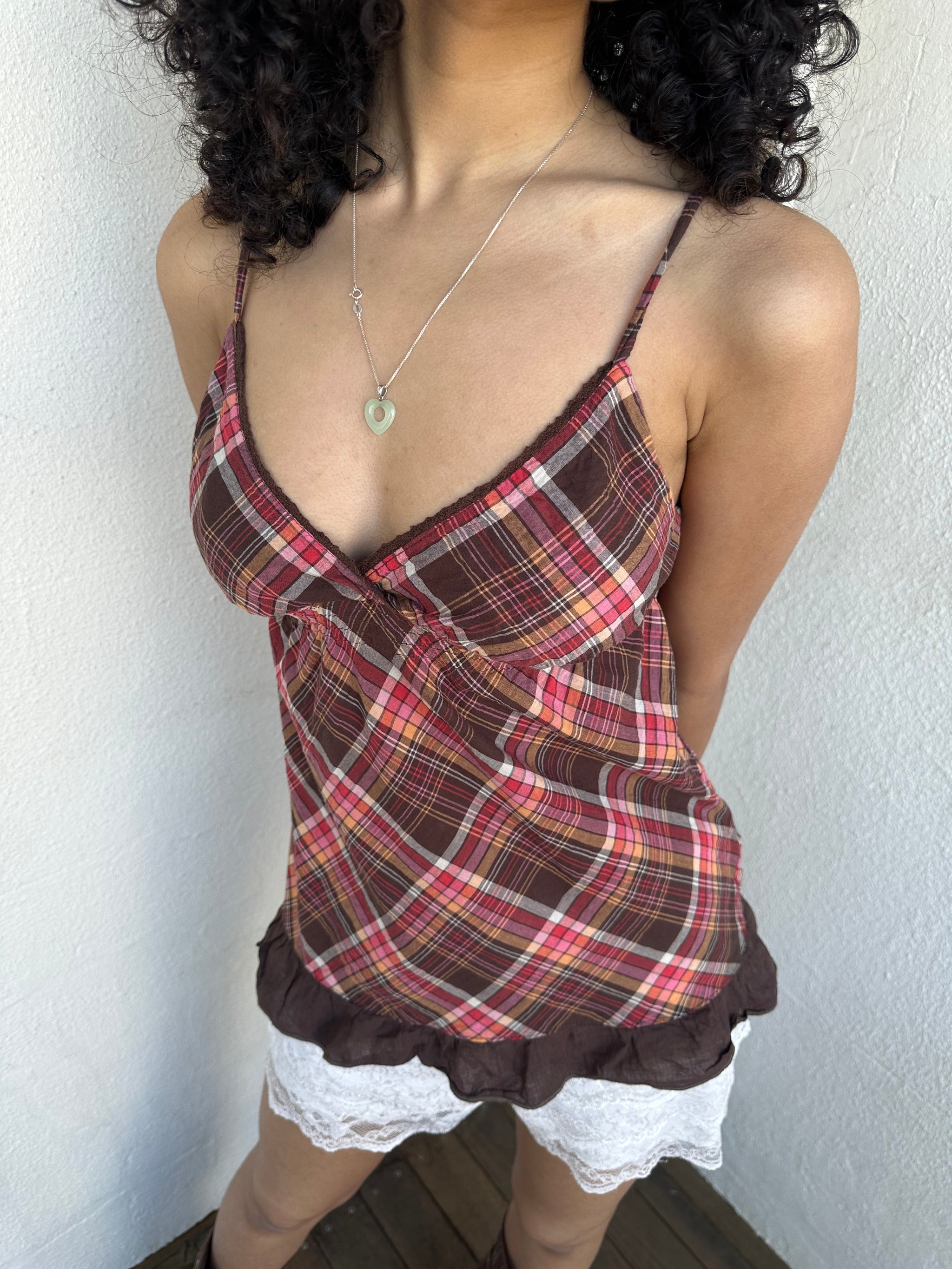 Women wearing a 00s Y2K Brown, red & orange tartan cami comfy soft cotton fabric.