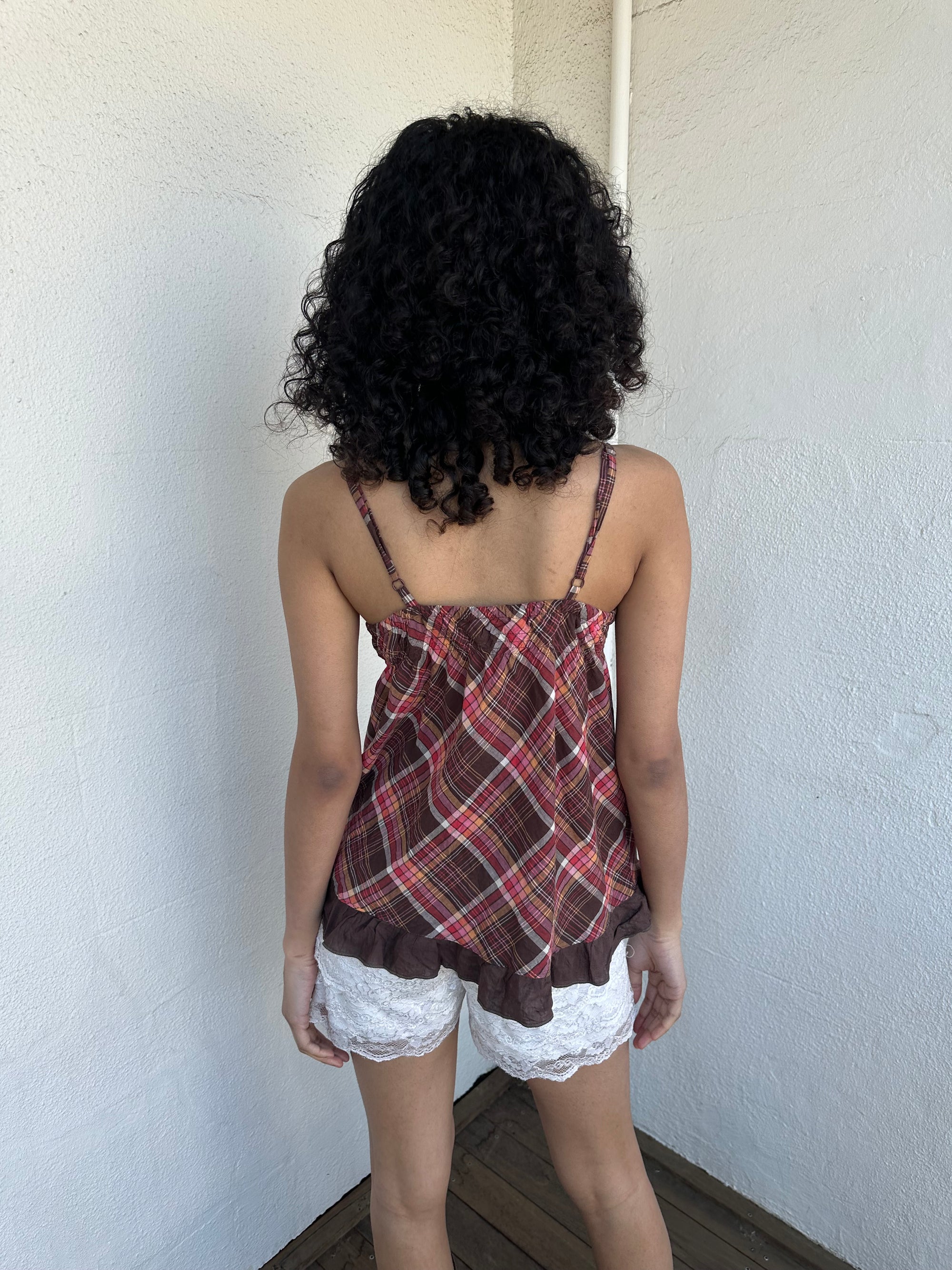 Women wearing a 00s Y2K Brown, red & orange tartan cami comfy soft cotton fabric.